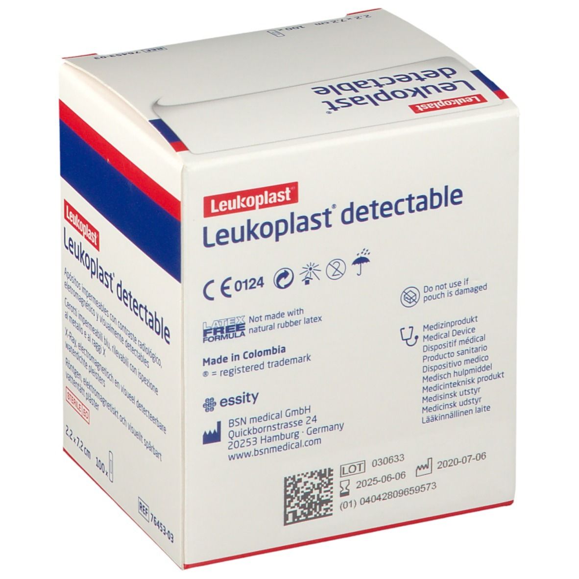 Verpakking met Leukoplast detectable pleisters. Bedrukking: CE-markering, lotnummer, vervaldatum. Steriel.
