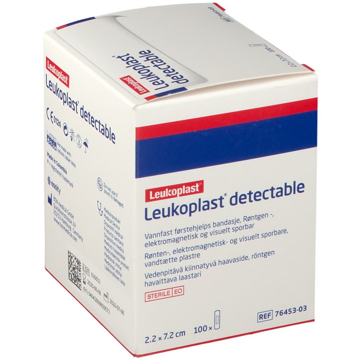 Verpakking met Leukoplast detectable pleisters. Bedrukking: CE-markering, lotnummer, vervaldatum. Steriel.