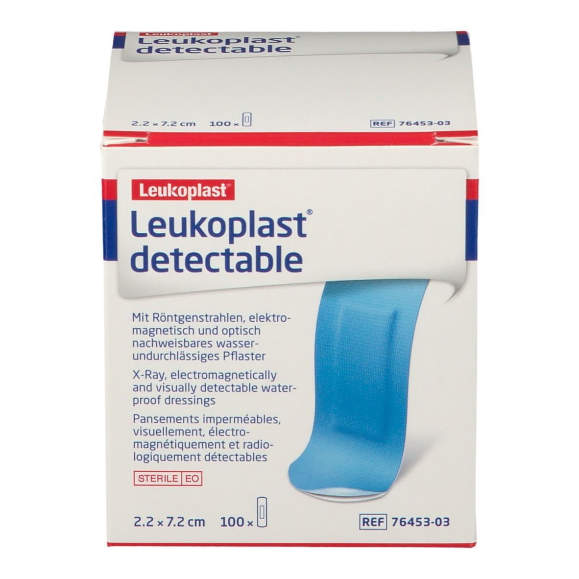 Verpakking met Leukoplast detectable pleisters. Blauwe pleisters zichtbaar. Afmeting: 2,2 x 7,2 cm, 100 stuks. Steriel.