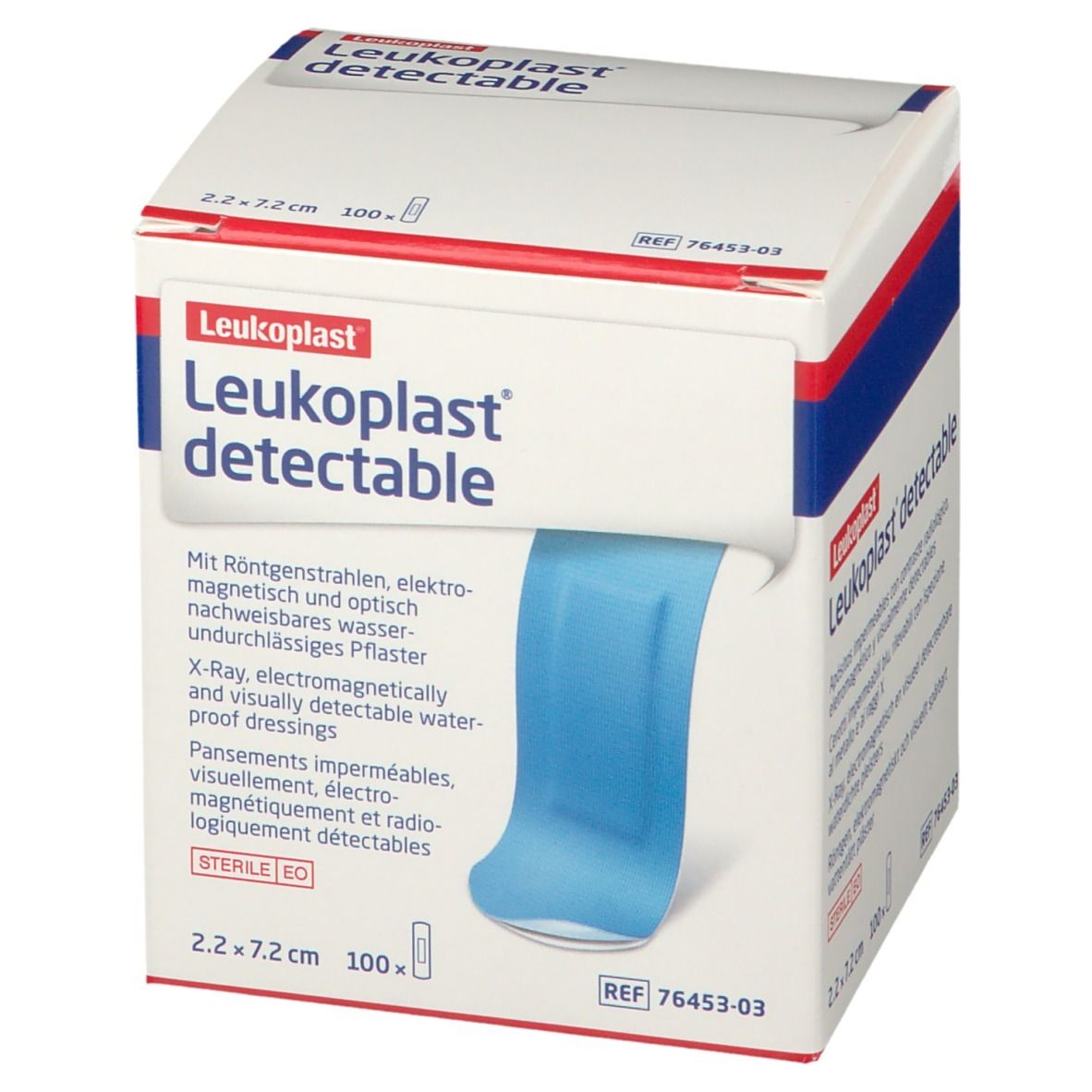 Verpakking met Leukoplast detectable pleisters. Blauwe pleisters zichtbaar. Afmeting: 2,2 x 7,2 cm, 100 stuks. Steriel.