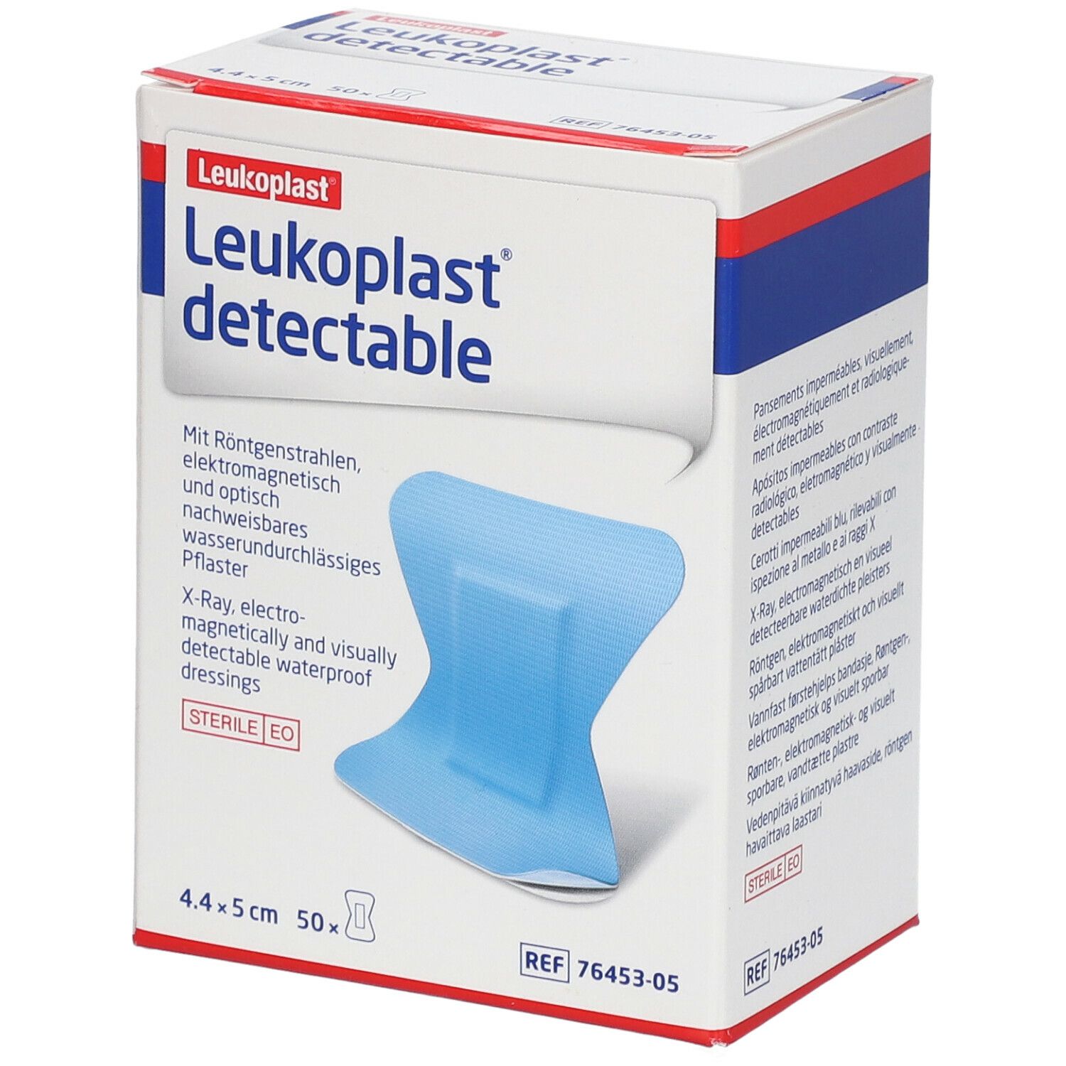 Verpakking Leukoplast detectable pleisters. Blauwe pleisters, 4,4 x 5 cm, in een doos. Zichtbare productkenmerken en tekst.