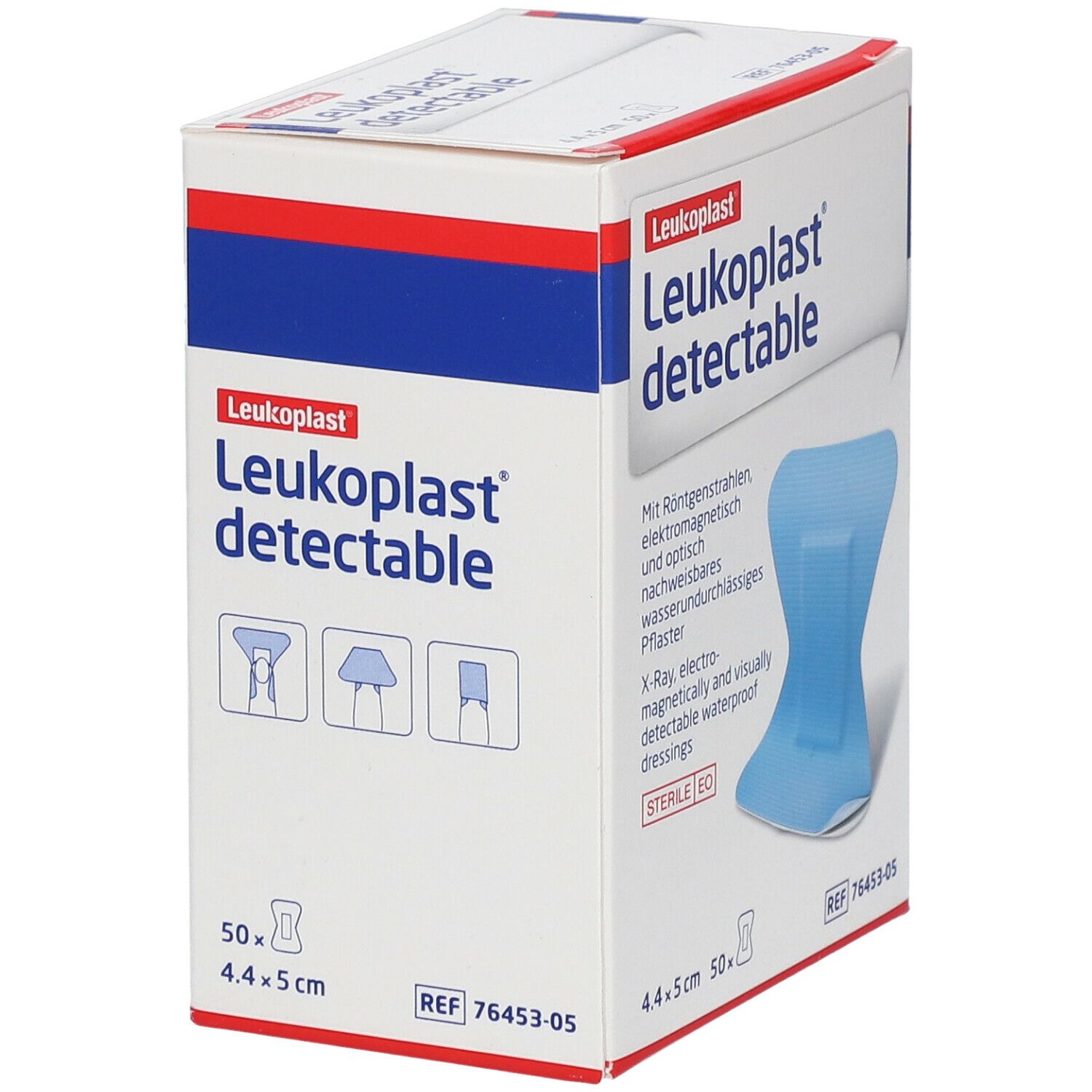 Verpakking Leukoplast detectable pleisters. Blauwe pleisters, 4,4 x 5 cm, in een doos. Productillustratie en tekst.