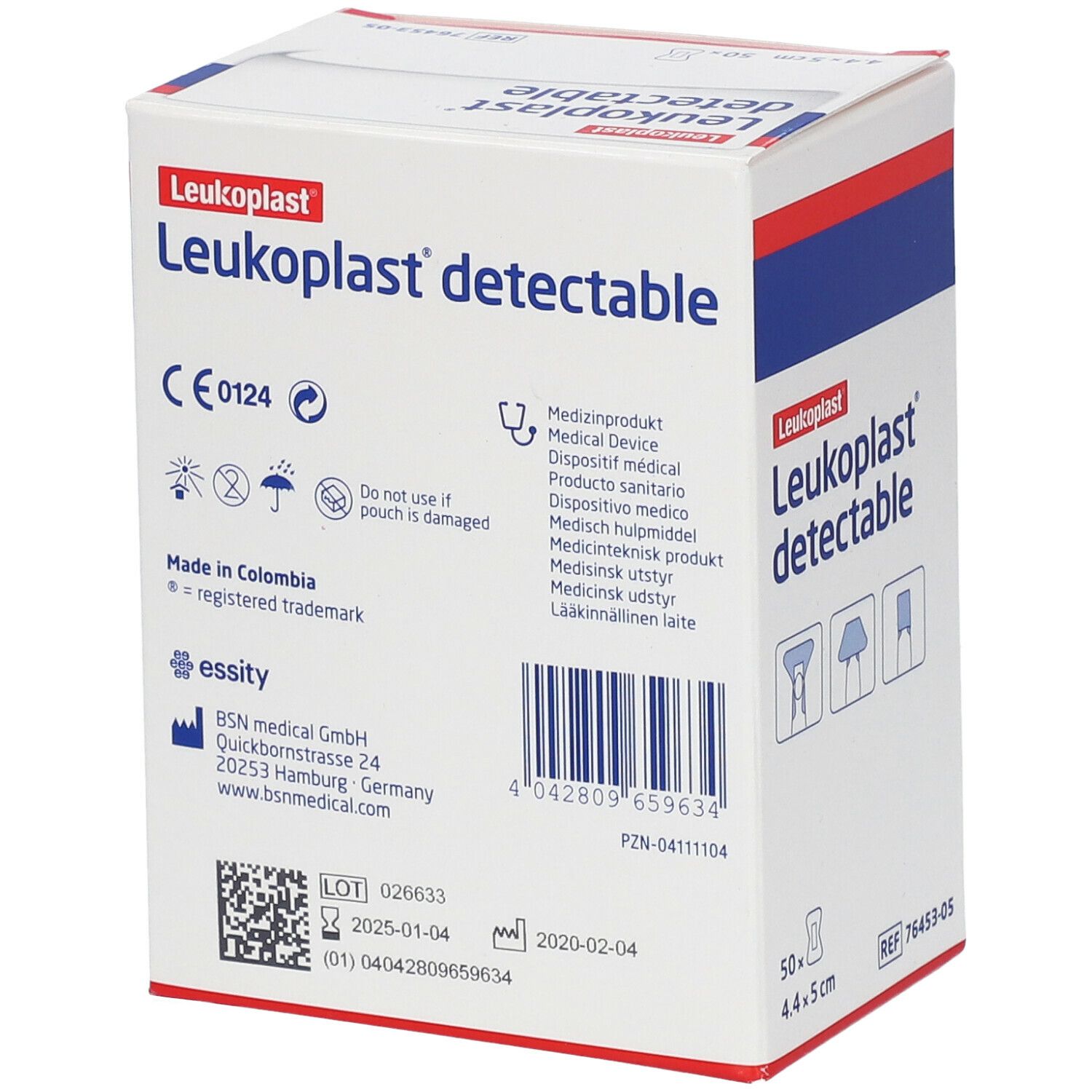 Achterkant van de Leukoplast detectable verpakking. Medisch hulpmiddel, CE-markering, lotnummer, fabrikantinfo.
