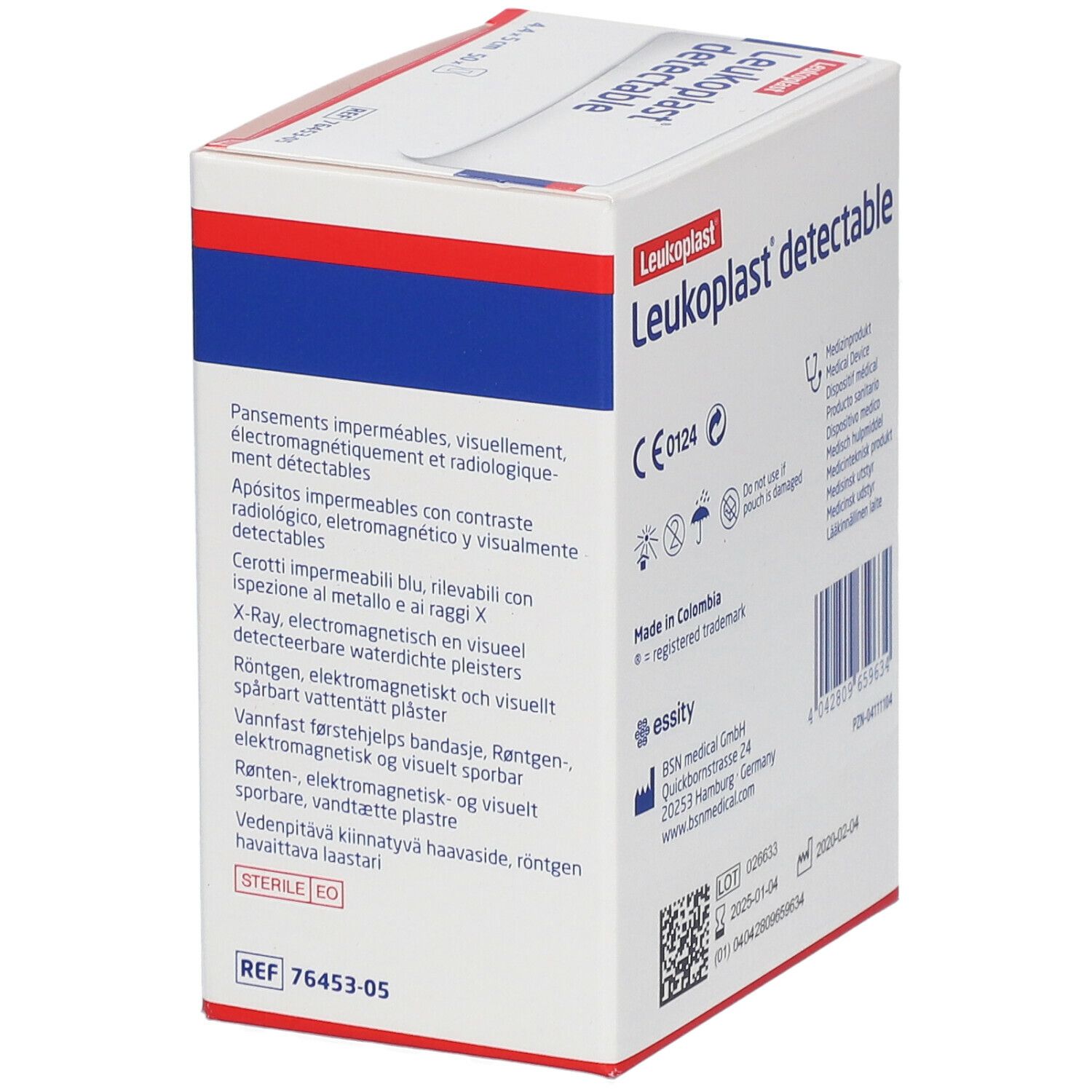 Achterkant van de Leukoplast detectable verpakking. Meertalige tekst, CE-markering, fabrikantinfo.
