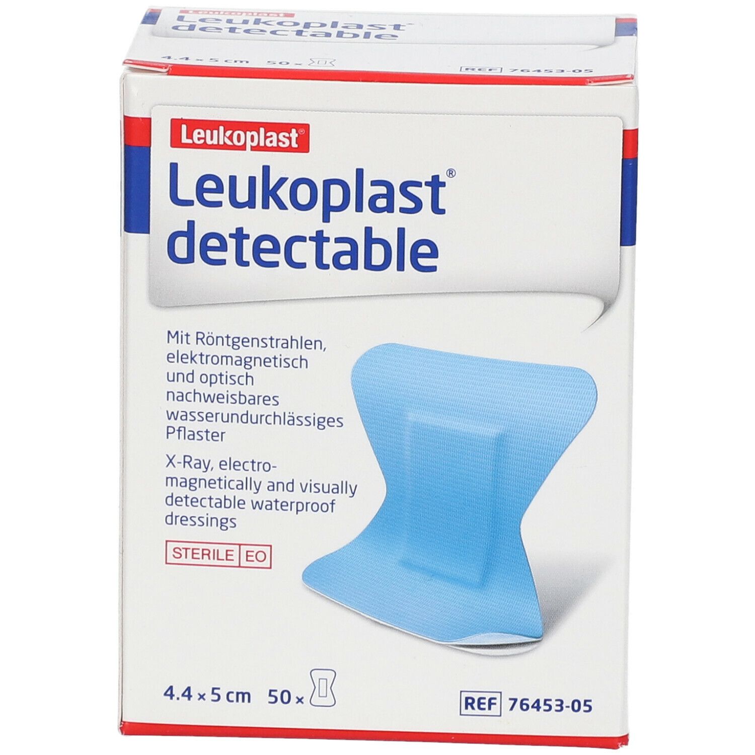 Verpakking Leukoplast detectable pleisters. Blauwe pleisters, 4,4 x 5 cm, in een doos. Productkenmerken en tekst.