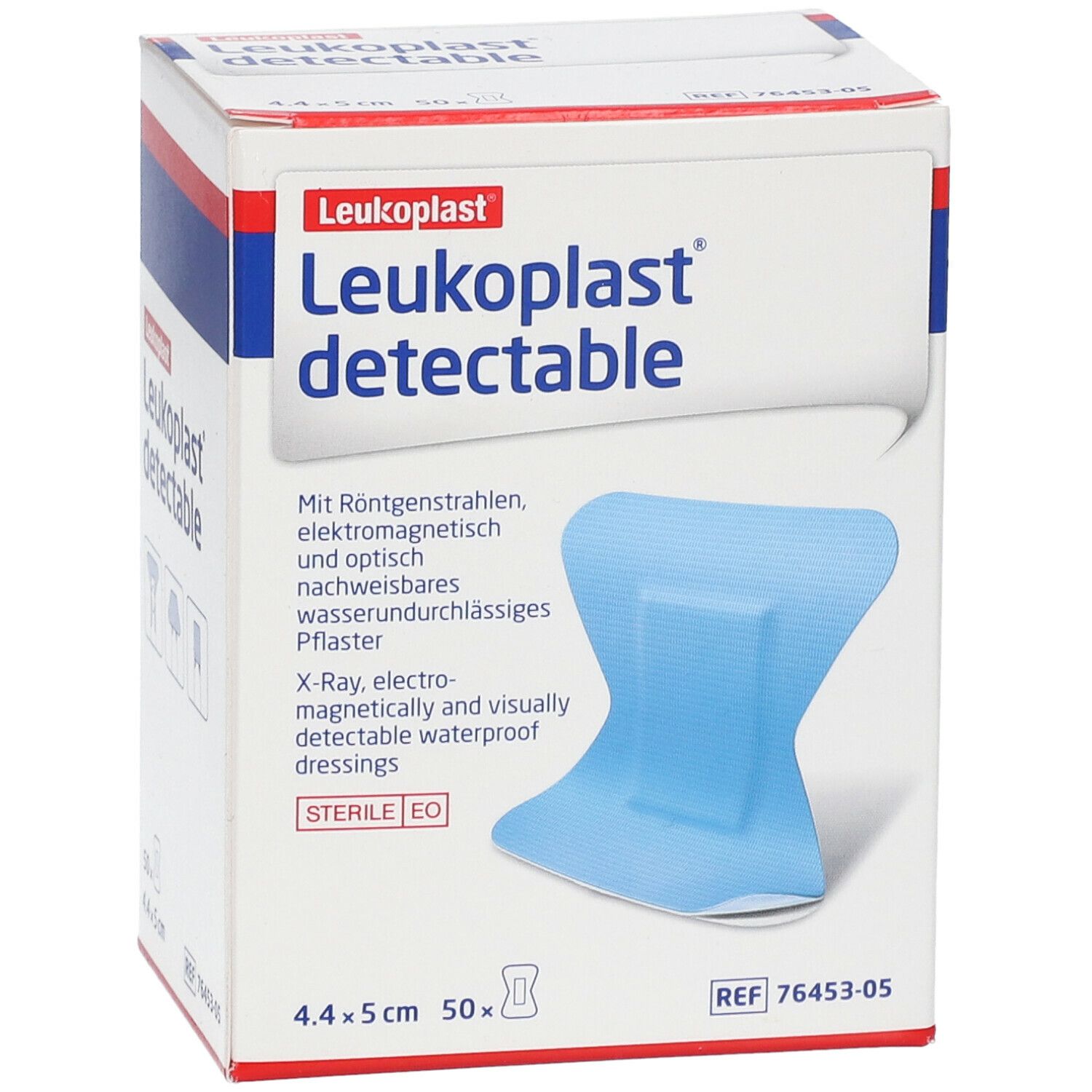 Verpakking Leukoplast detectable pleisters. Blauwe pleisters, 4,4 x 5 cm, in een doos. Productkenmerken en tekst.