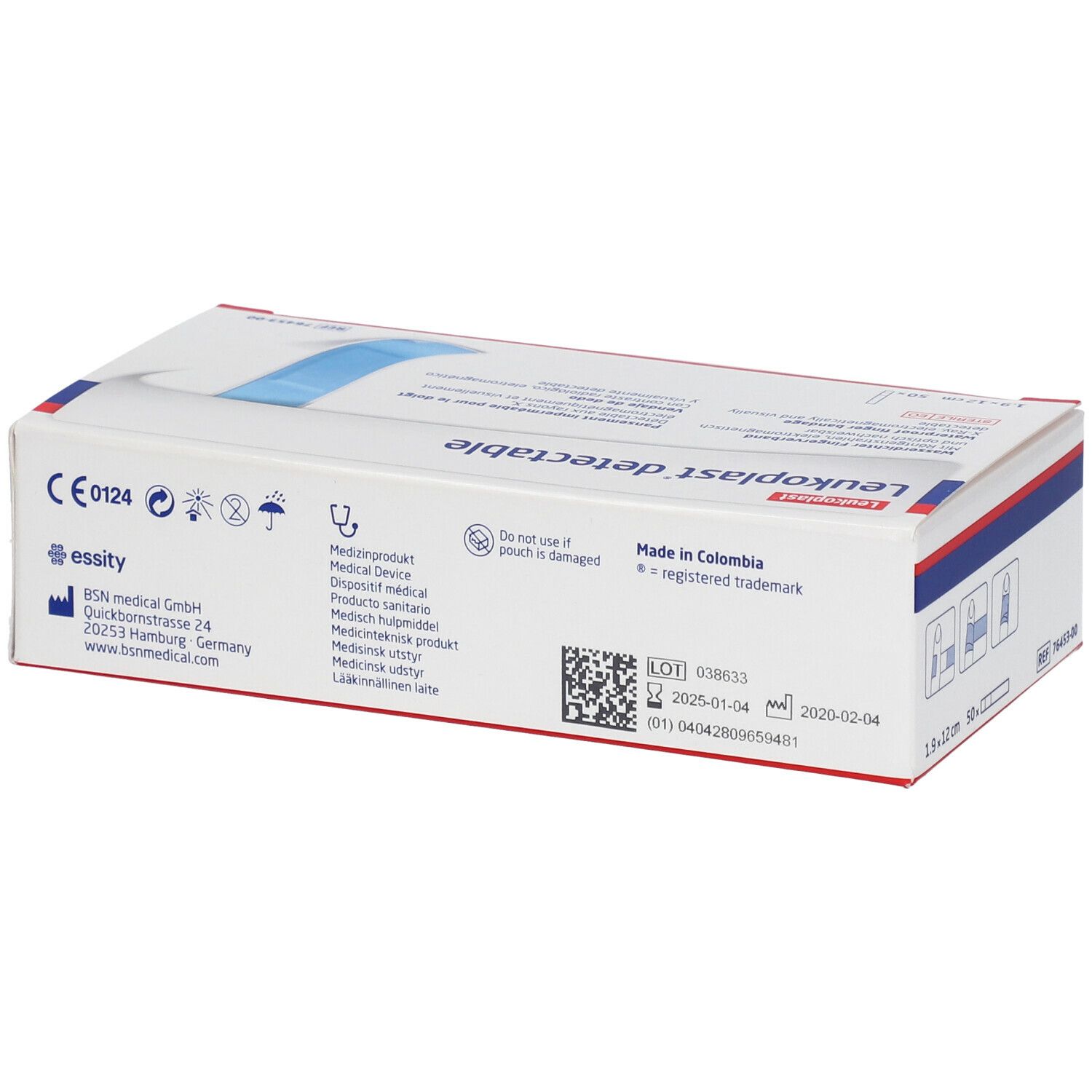 Dos de l'emballage Leukoplast® détectable. Informations sur le fabricant, le numéro de lot et la durabilité.