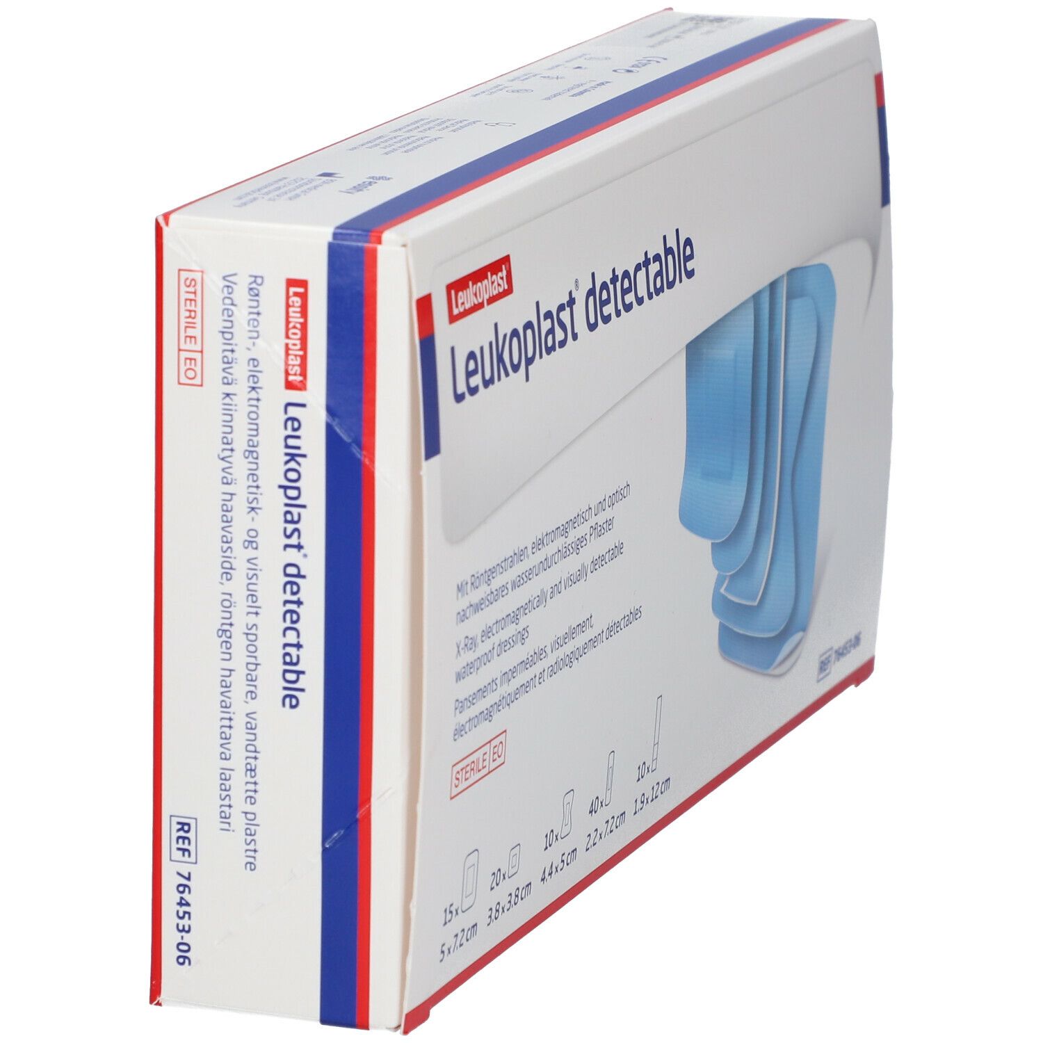 Schuin geplaatste verpakking van Leukoplast® detectable. Productnaam en blauwe pleisters zichtbaar. Steriel-aanduiding.