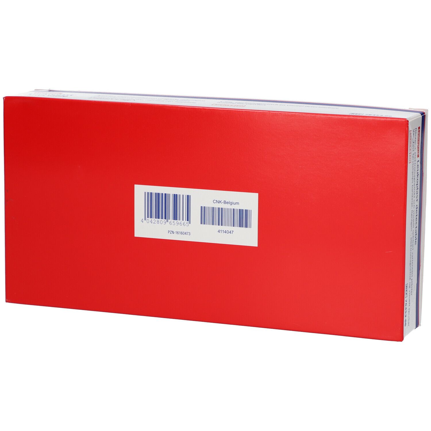 Rode verpakking van Leukoplast® detectable. Barcode en etiket met informatie. Achterkant van de verpakking.