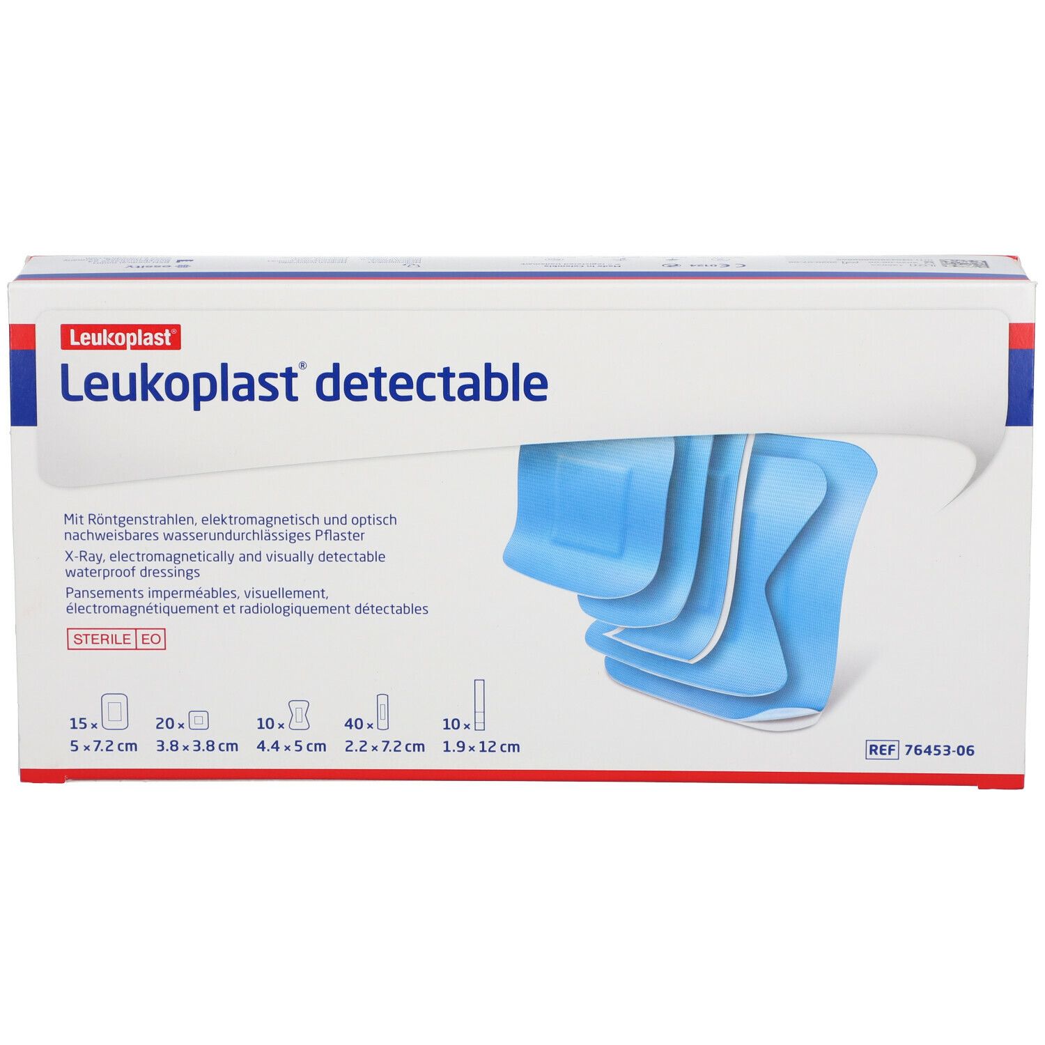Verpakking van Leukoplast® detectable. Blauwe pleisters zichtbaar. Maatvoering en steriel-aanduiding.