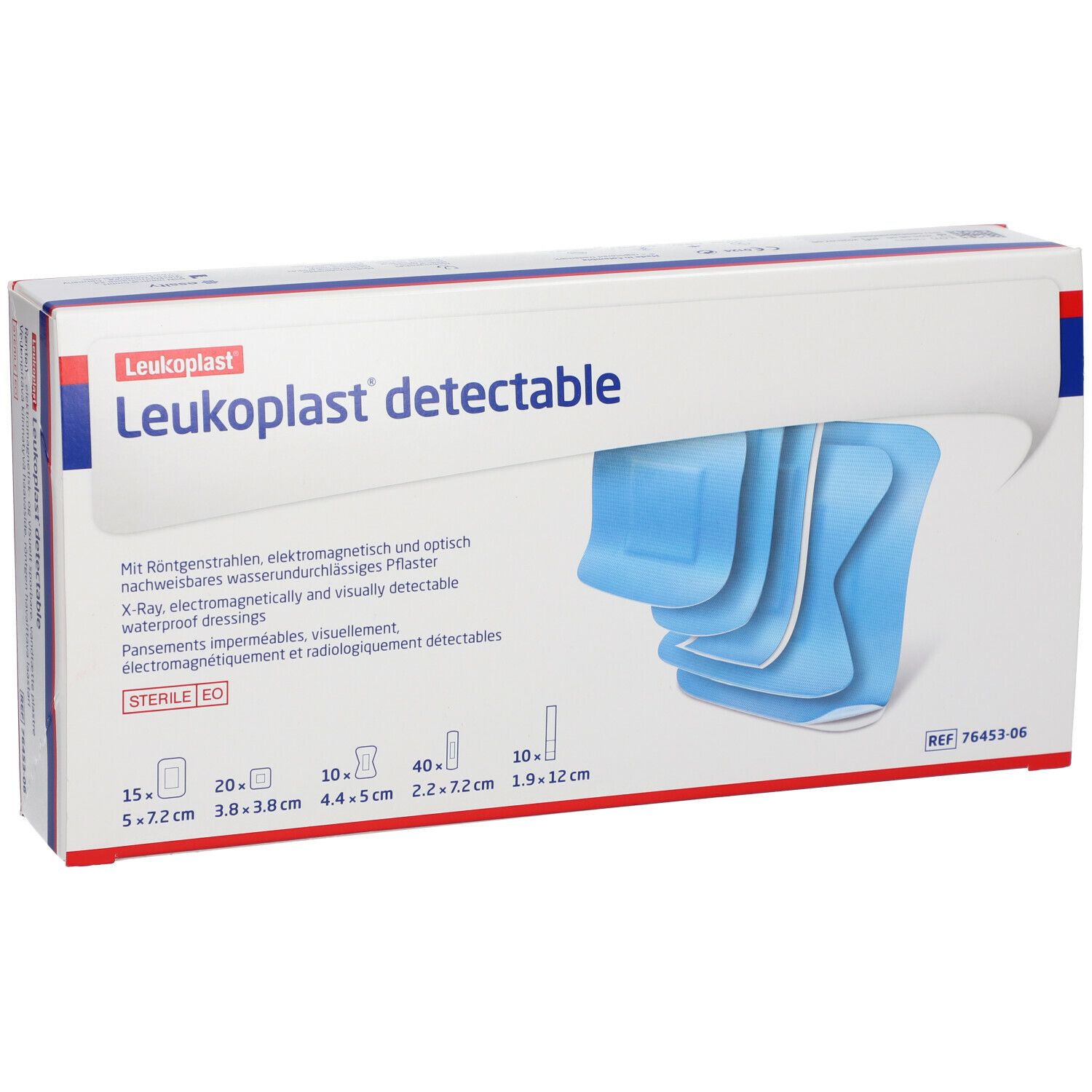 Verpakking van Leukoplast® detectable. Blauwe pleisters zichtbaar. Maatvoering en steriel-aanduiding.