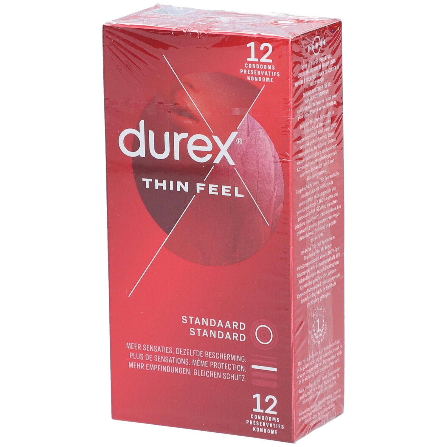 Rode verpakking Durex Thin Feel, 12 condooms. Productnaam en details. Standaard maat.