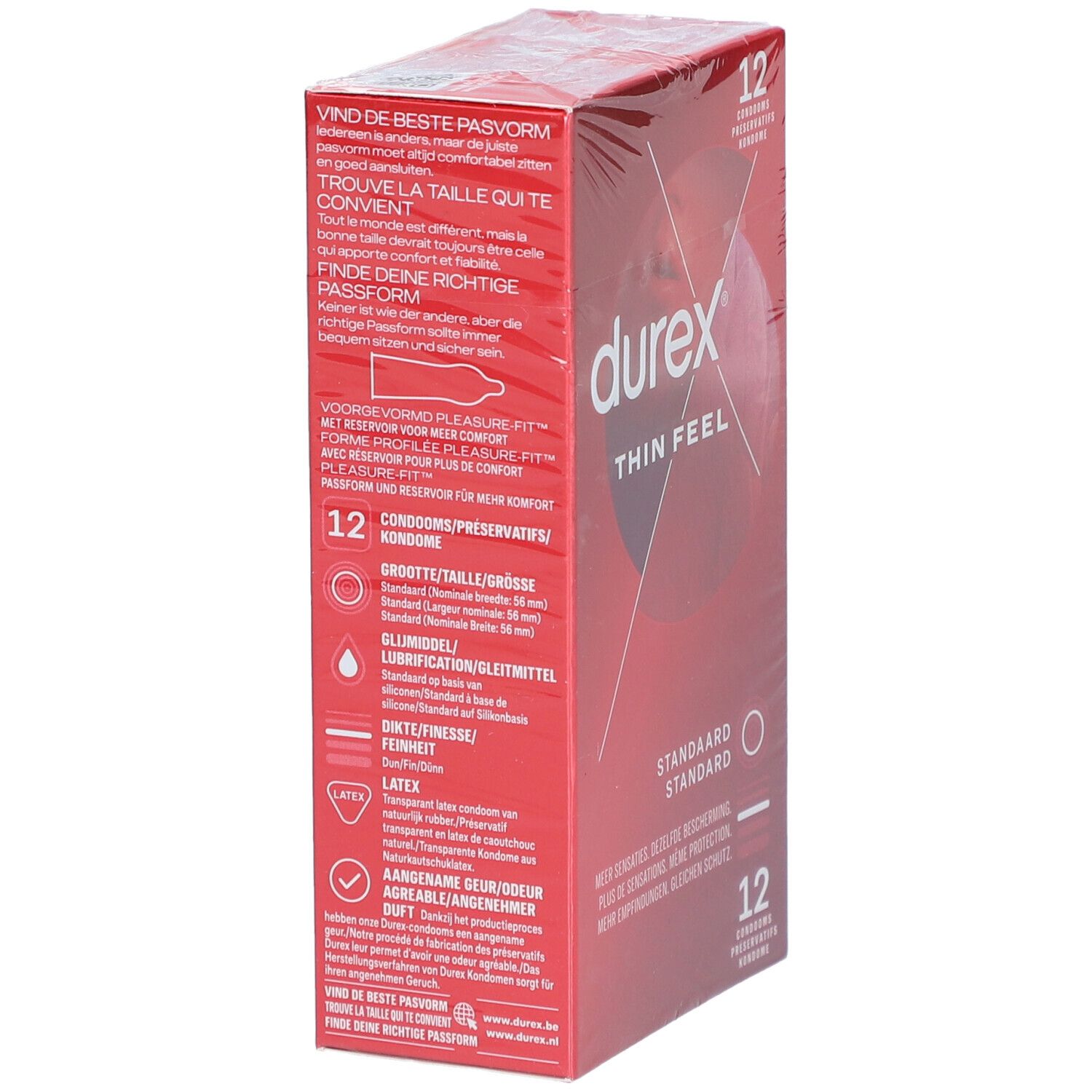 Zijkant verpakking Durex Thin Feel. Productinfo, maten, latex indicatie. 12 condooms.