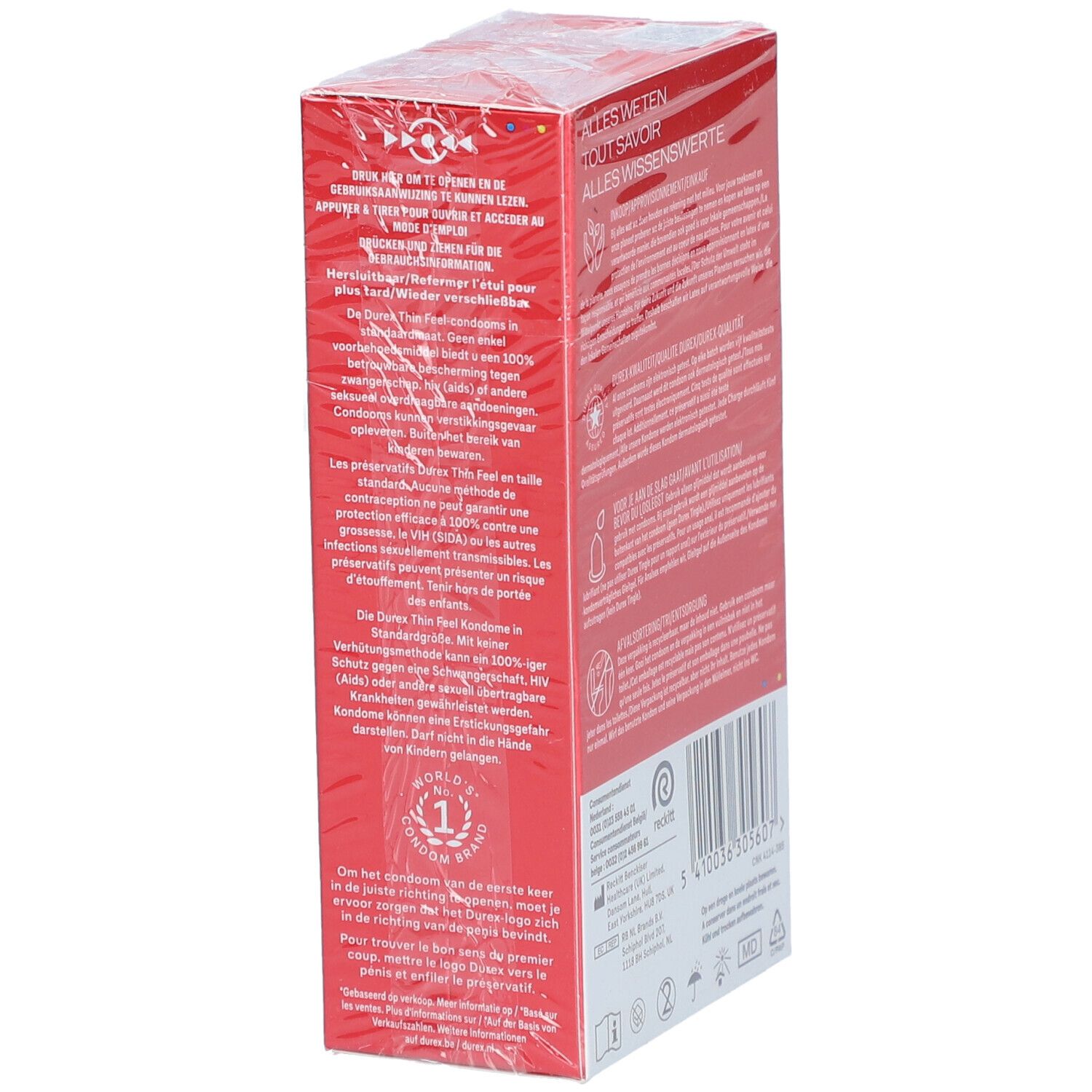 Zijkant verpakking Durex Thin Feel. Productinfo, kwaliteitslabels, recycling info. 12 condooms.