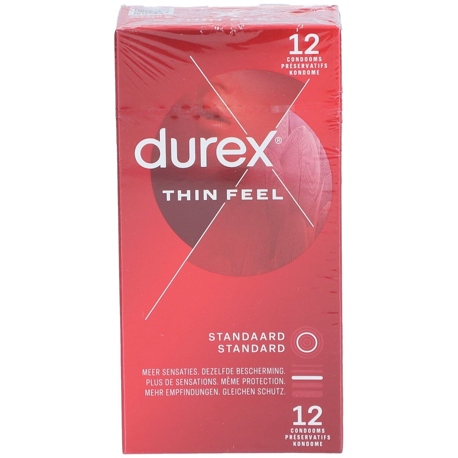 Rode verpakking Durex Thin Feel, 12 condooms. Productnaam en details. Standaard maat.