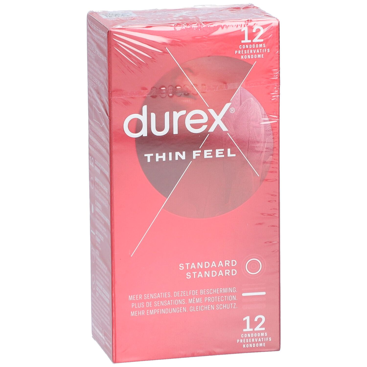 Rode verpakking Durex Thin Feel, 12 condooms. Productnaam en details. Standaard maat.