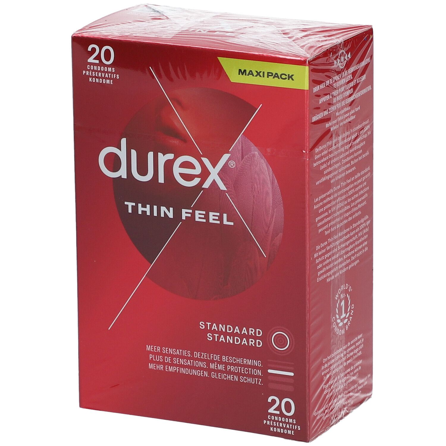 Préservatifs Durex Thin Feel. Boîte rouge, 20 unités. Taille standard. Maxi Pack.
