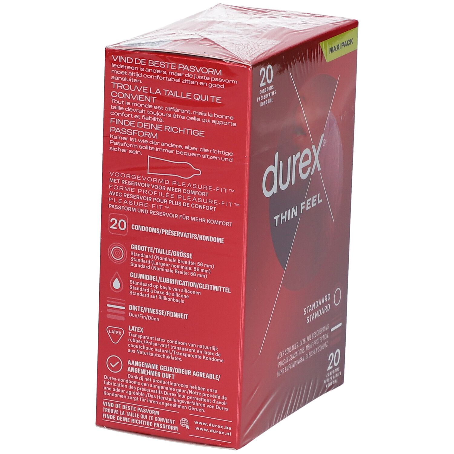 Préservatifs Durex Thin Feel. Emballage avec texte. 20 unités. Taille standard. Pleasure-Fit.