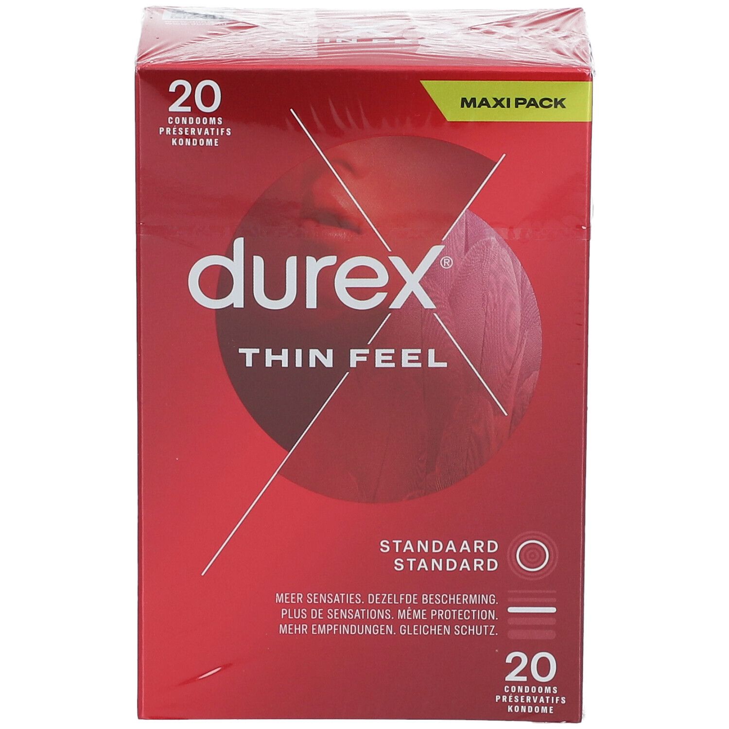 Préservatifs Durex Thin Feel. Boîte rouge, 20 unités. Taille standard. Maxi Pack.