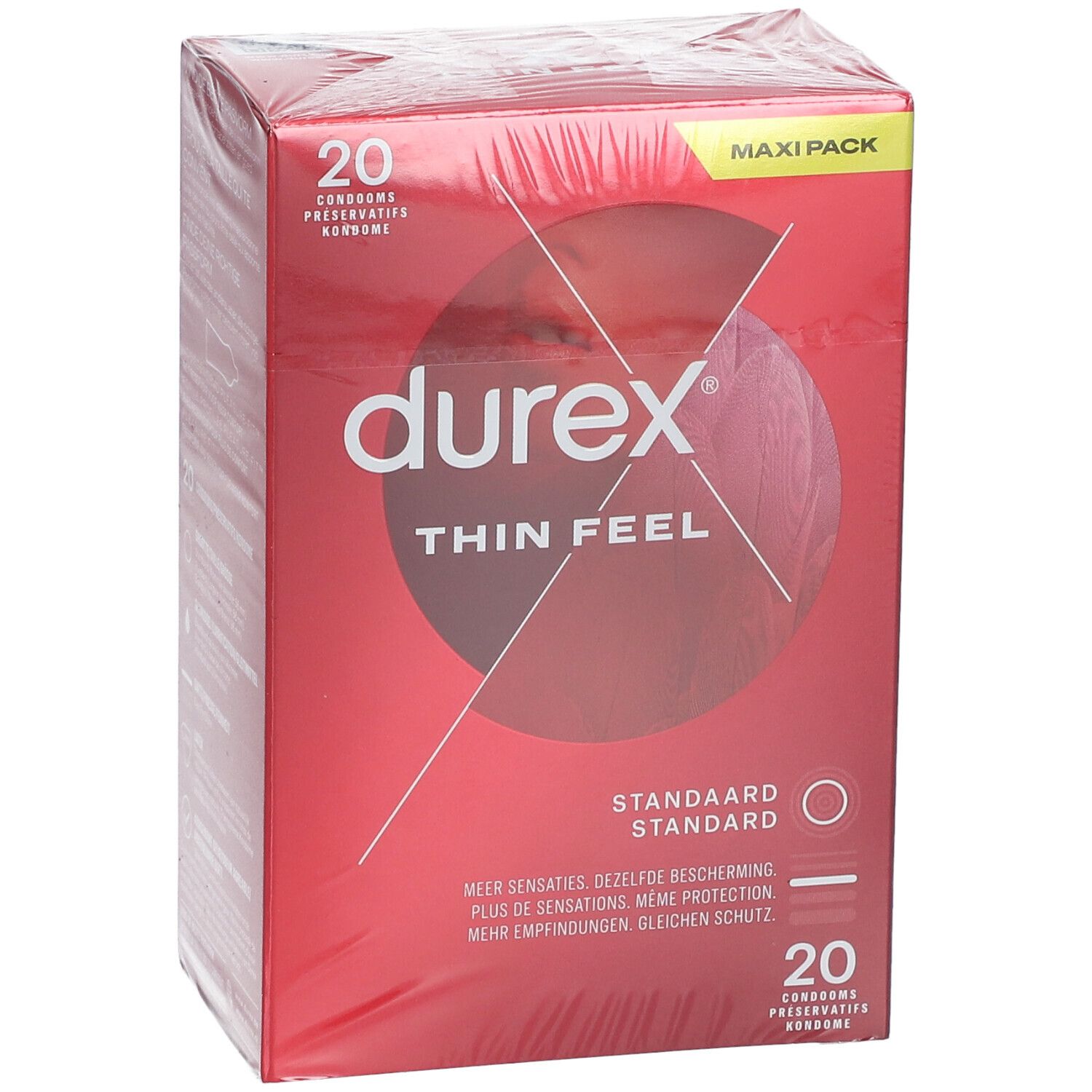 Préservatifs Durex Thin Feel. Boîte rouge, 20 unités. Taille standard. Maxi Pack.
