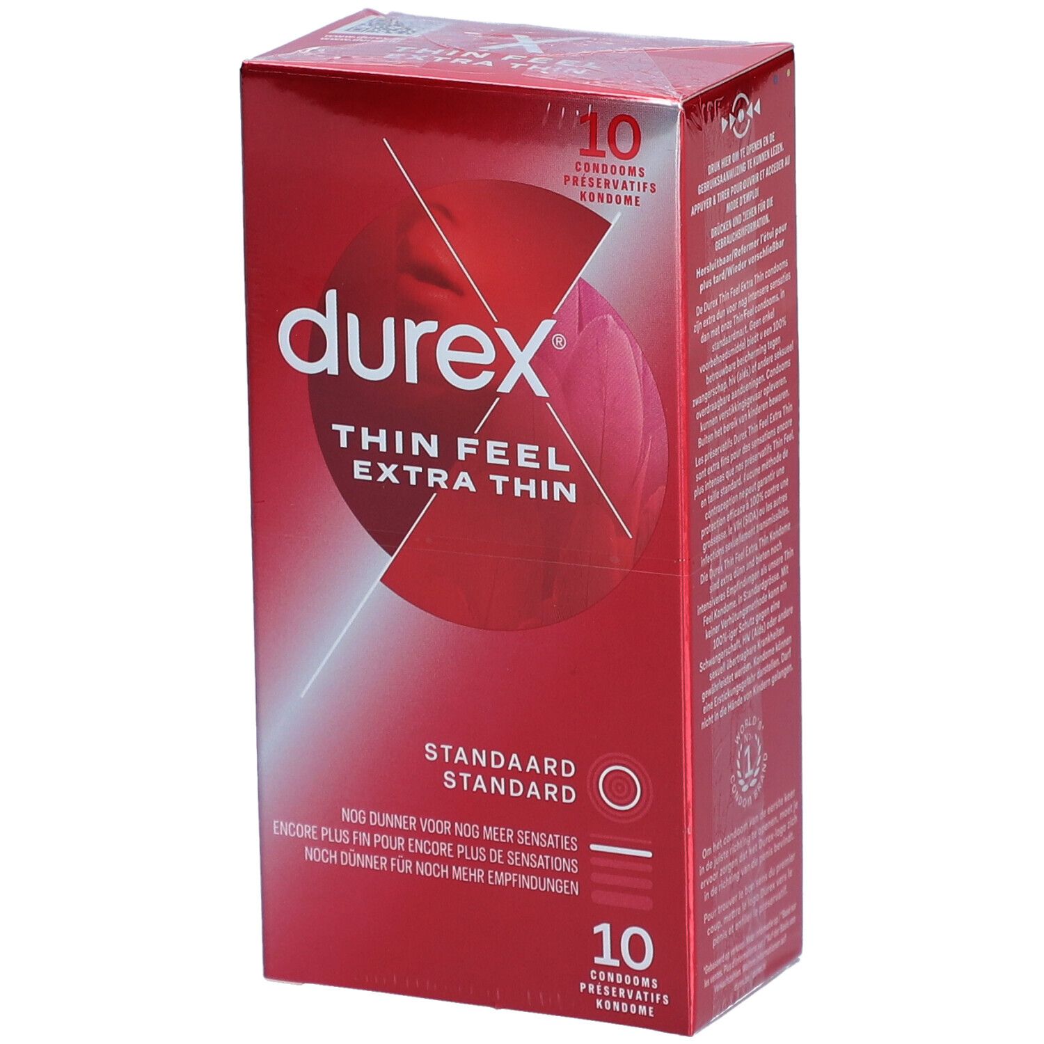 Rode Durex-verpakking met Thin Feel Extra Thin. Bevat 10 condooms. Standaard maat.