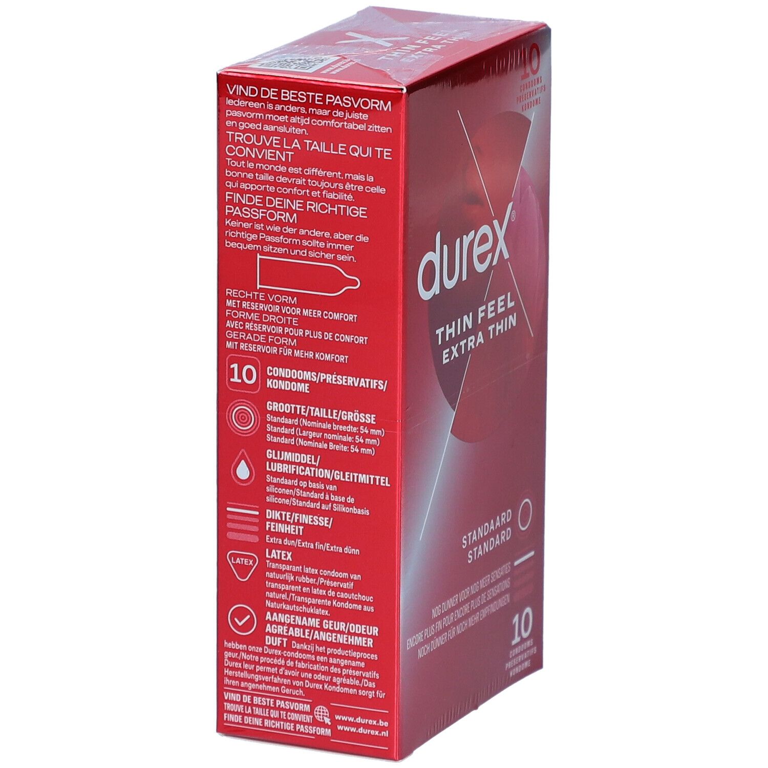 Zijkant rode Durex-verpakking met productinfo. Bevat 10 condooms. Standaard maat.