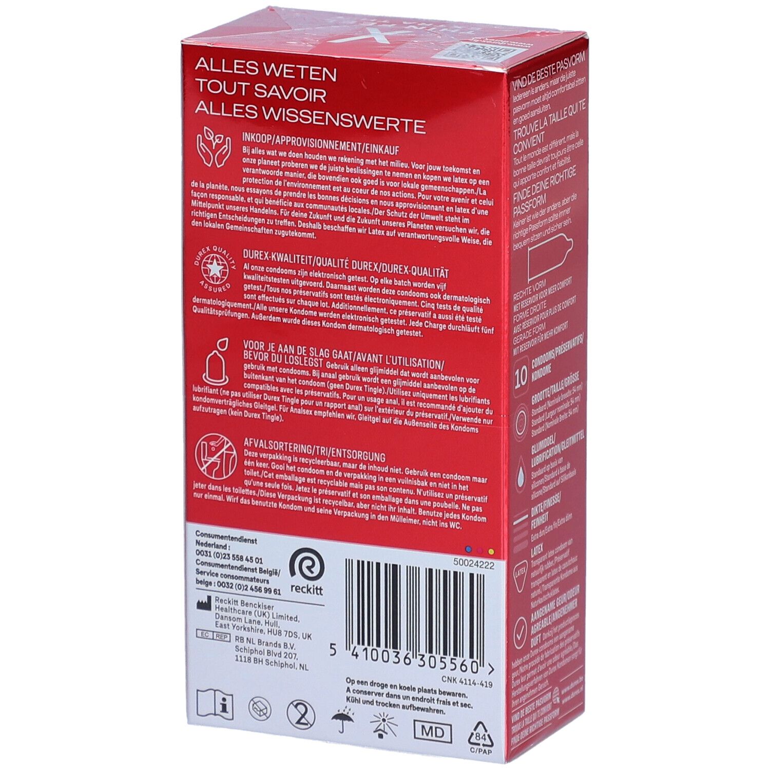 Achterkant rode Durex-verpakking met productinfo en barcode. Bevat 10 condooms.