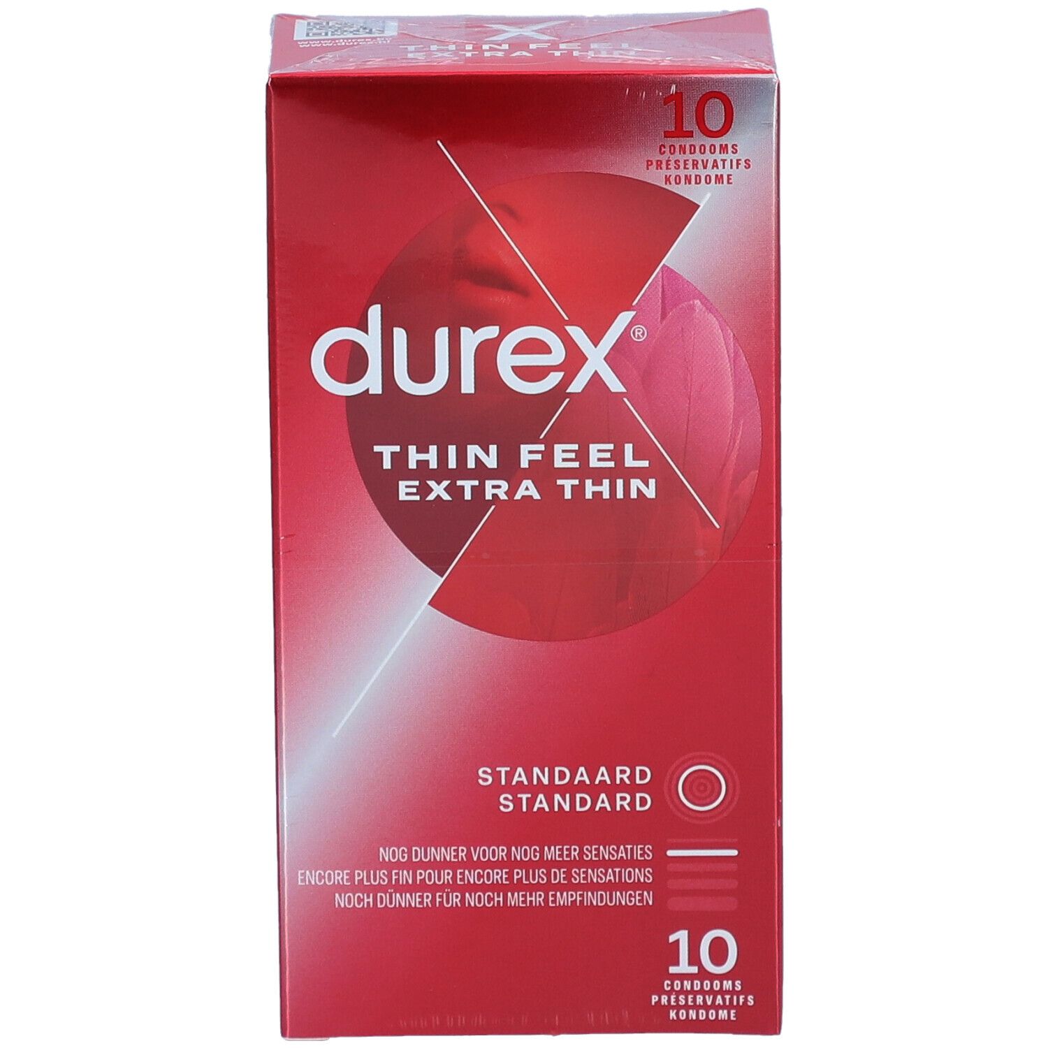 Rode Durex-verpakking met Thin Feel Extra Thin. Bevat 10 condooms. Standaard maat.