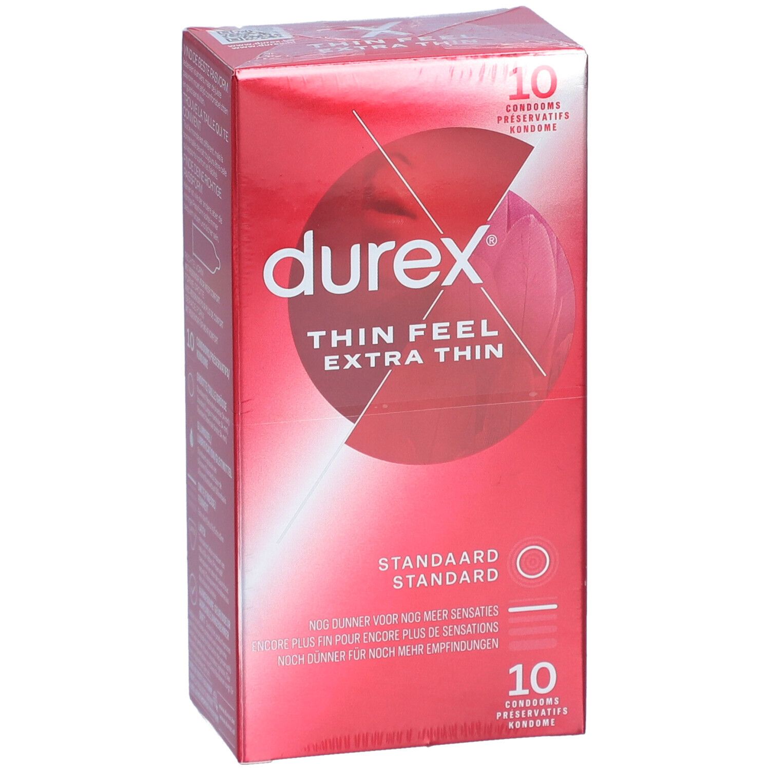 Rode Durex-verpakking met Thin Feel Extra Thin. Bevat 10 condooms. Standaard maat.