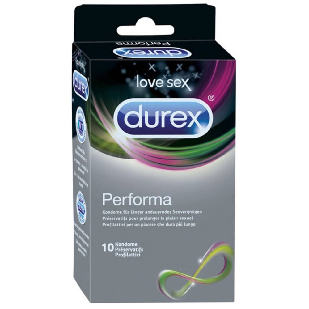 Durex Performa Kondome. Packung mit 10 Kondomen. Schwarze Verpackung mit Logo und Produktbezeichnung.