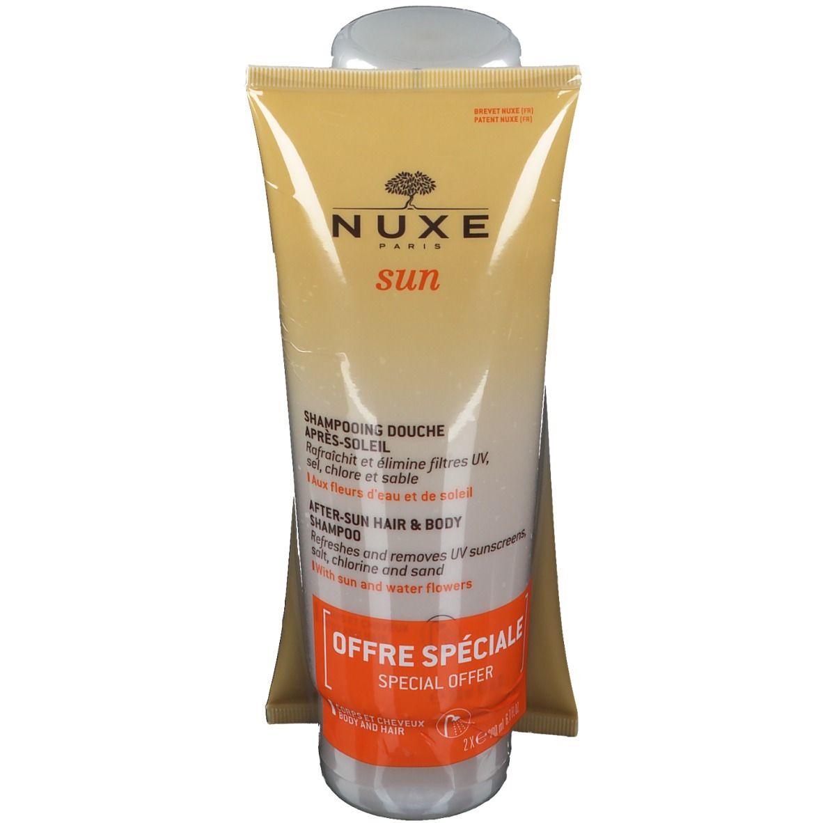 Duo de shampooing jaune et blanc. Inscription: NUXE sun, Shampooing Douche Après-Soleil. Étiquette Offre Spéciale.