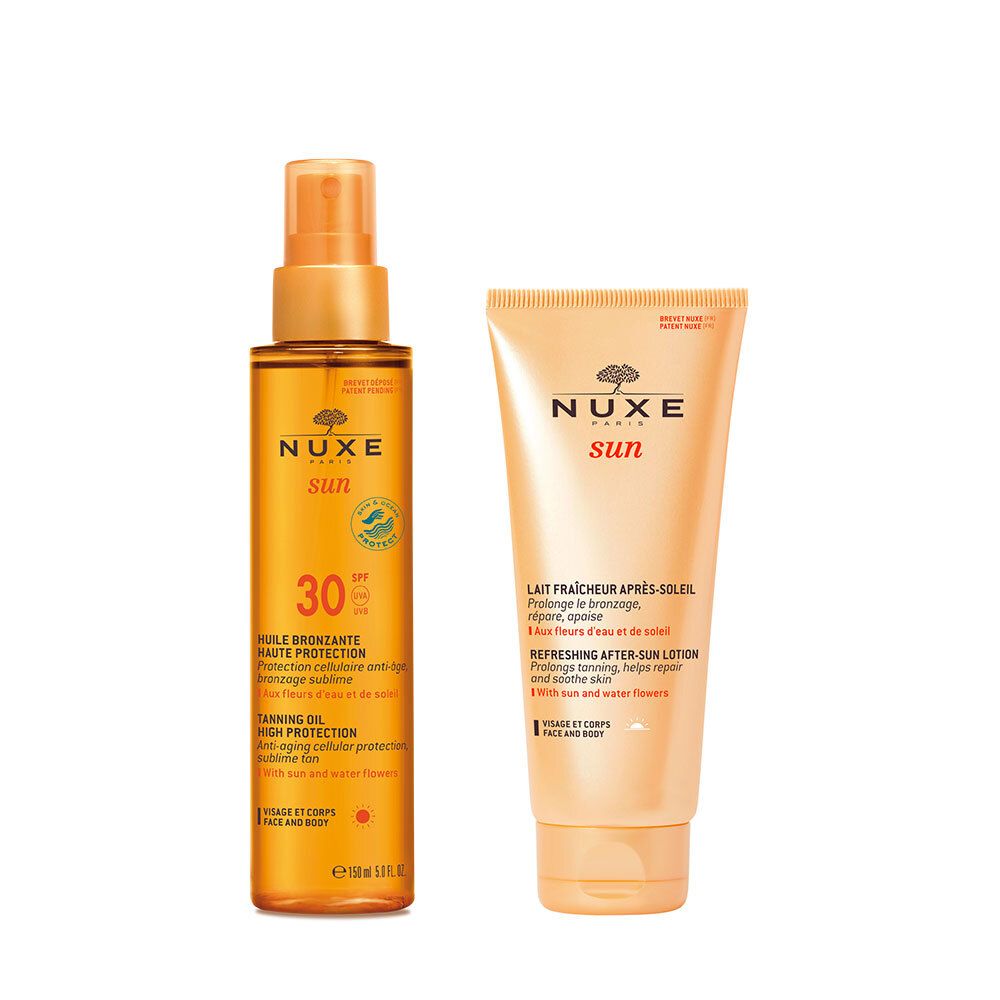 Nuxe Sun huile bronzante et lait après-soleil. Flacon spray d'huile solaire SPF30. Tube de lait après-soleil.