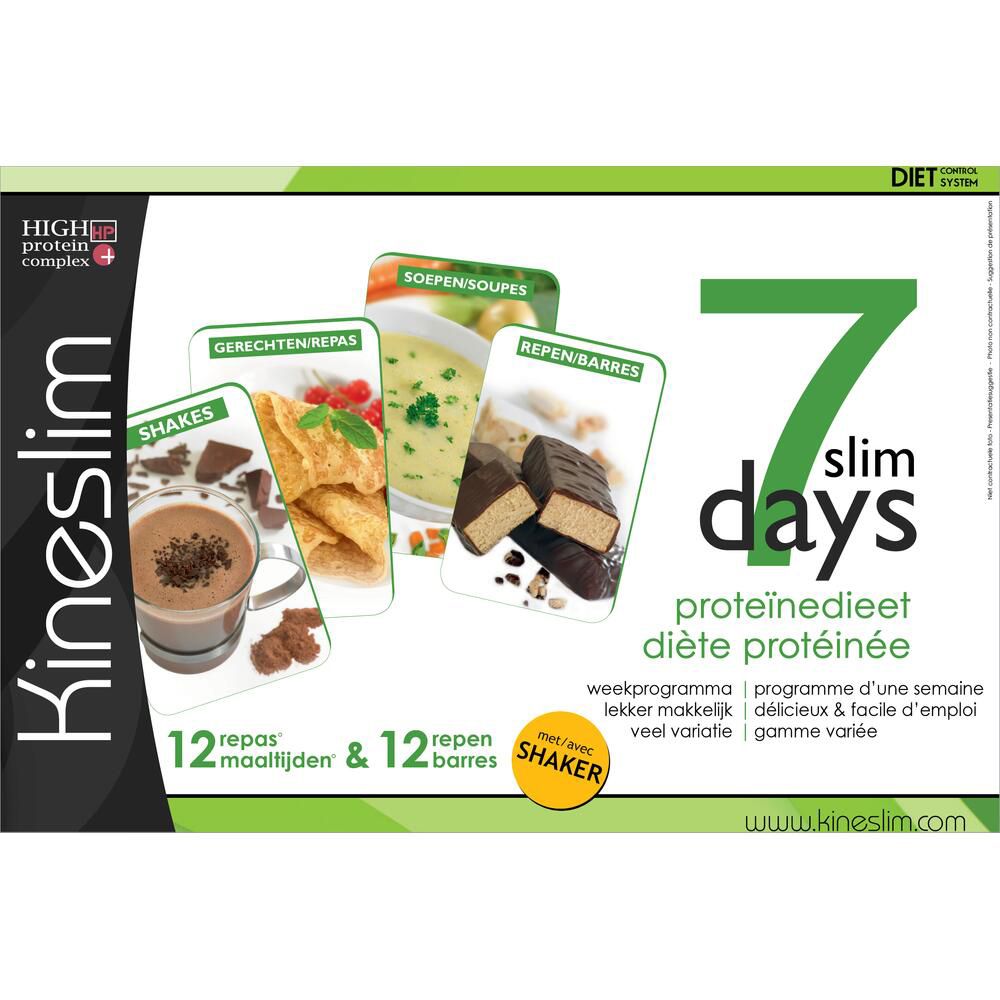Kineslim verpakking 7 dagen dieet. Bevat 12 maaltijden en 12 repen. Met shaker. Afbeeldingen van gerechten.