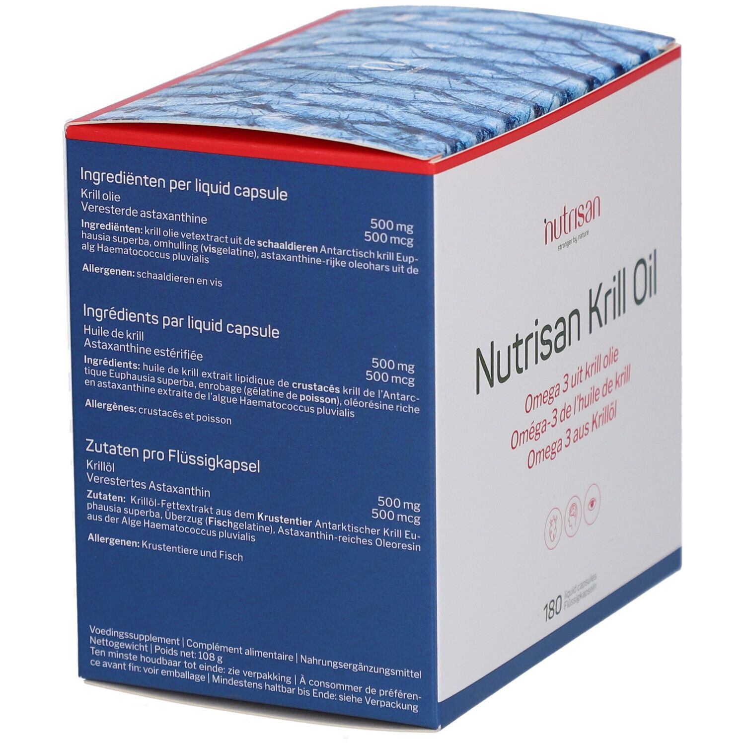 Dos de la boîte Nutrisan Krill Oil. Contient la liste des ingrédients des gélules. Texte en néerlandais, français et allemand. Couleurs bleu et blanc.
