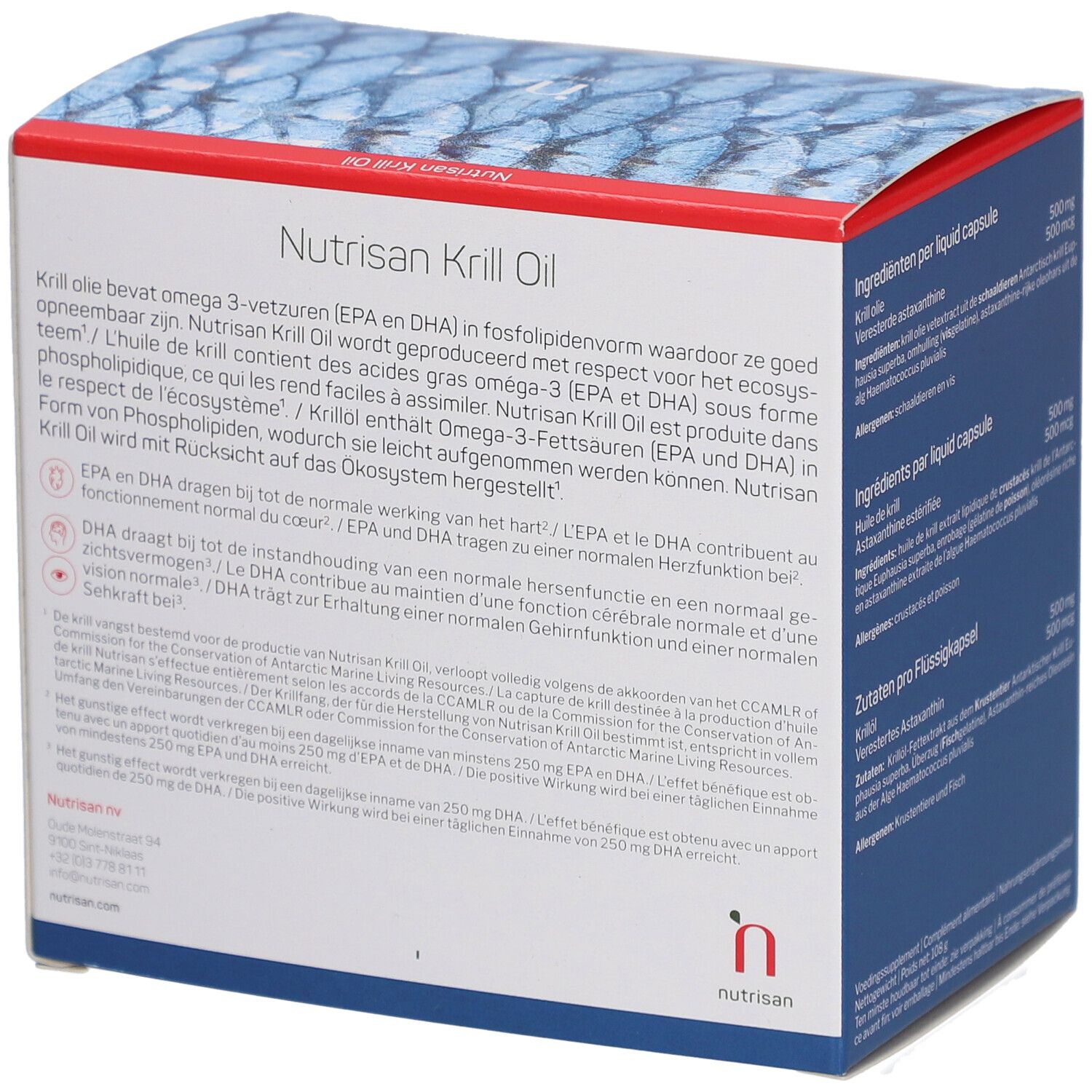 Côté de la boîte Nutrisan Krill Oil. Contient des informations sur les ingrédients. Texte en néerlandais, français et allemand. Couleurs bleu et blanc.