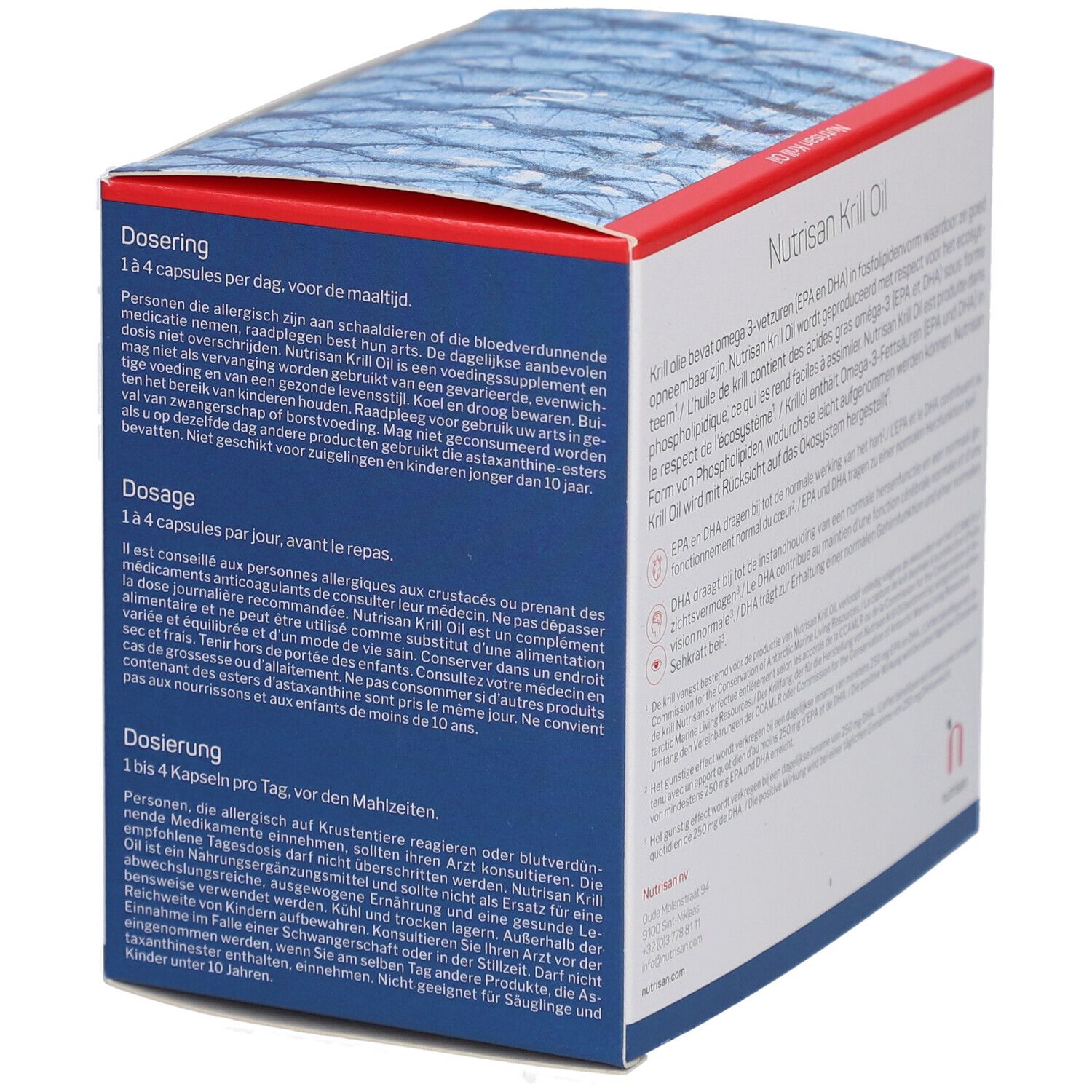 Côté de la boîte Nutrisan Krill Oil. Contient les instructions de dosage. Texte en néerlandais, français et allemand. Couleurs bleu et blanc.