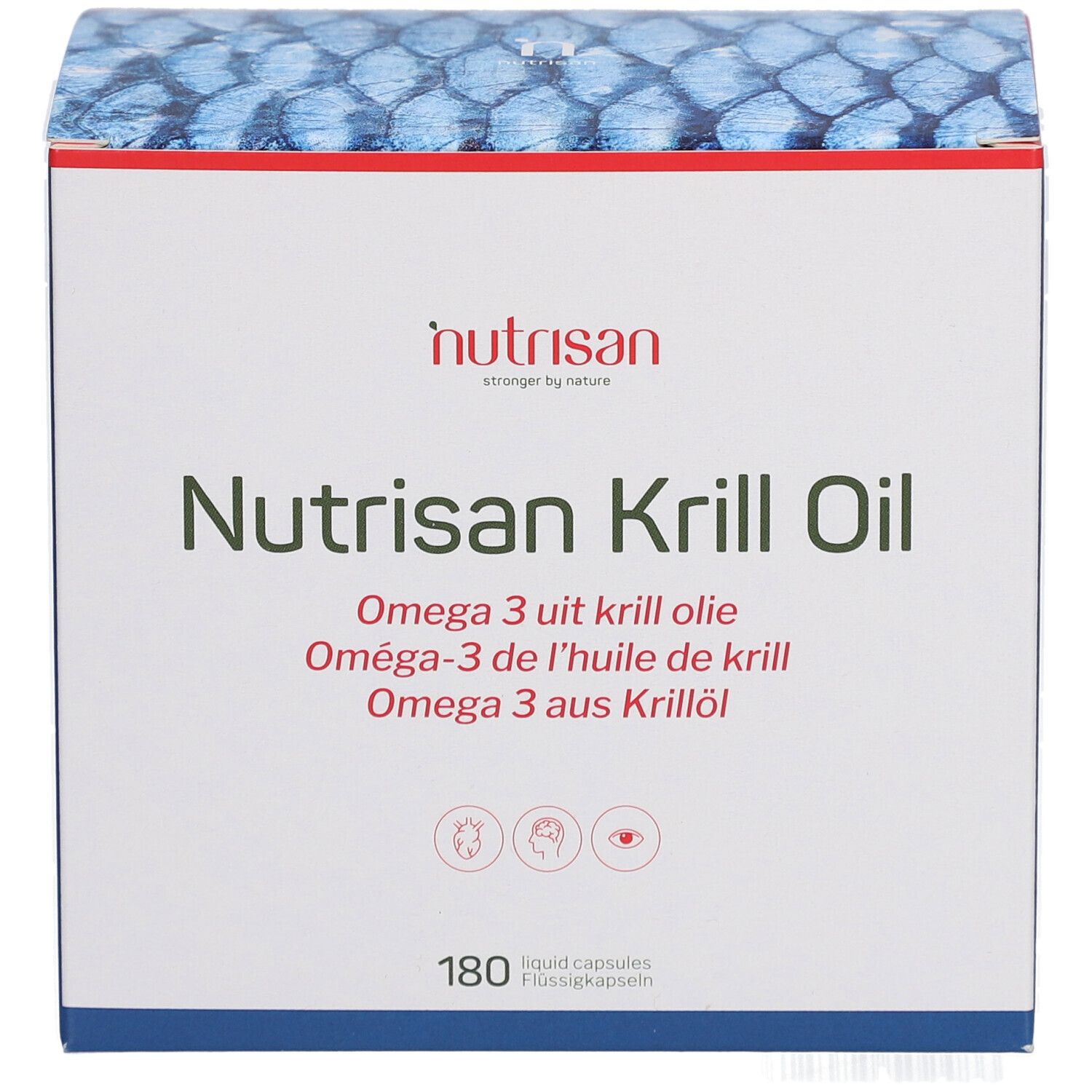 Face avant de la boîte Nutrisan Krill Oil. Contient le nom du produit et des informations. 180 gélules. Motif de poisson sur le couvercle.