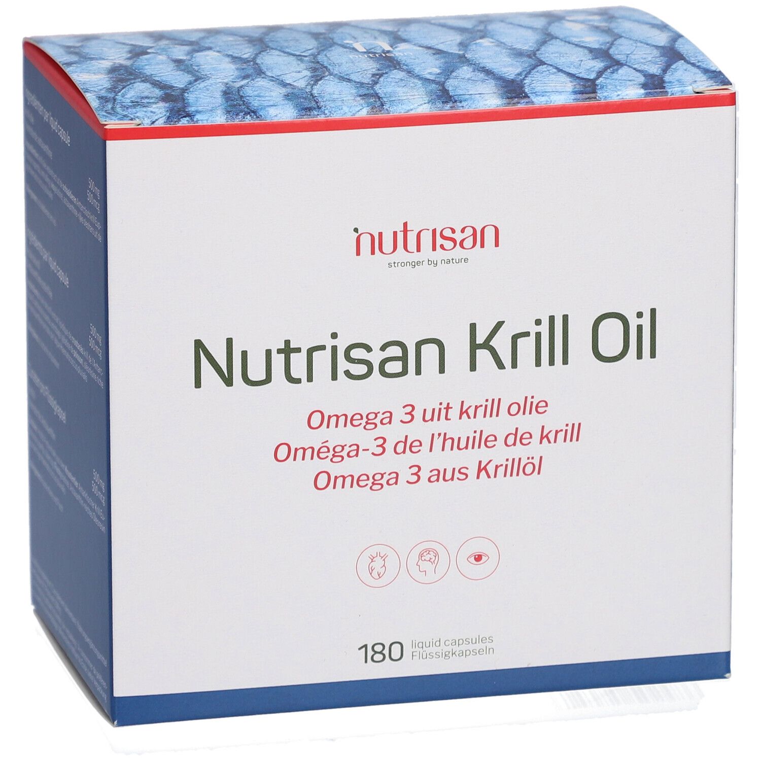 Boîte Nutrisan Krill Oil. Contient le nom du produit et des informations. 180 gélules. Motif de poisson sur le couvercle. Vue perspective.