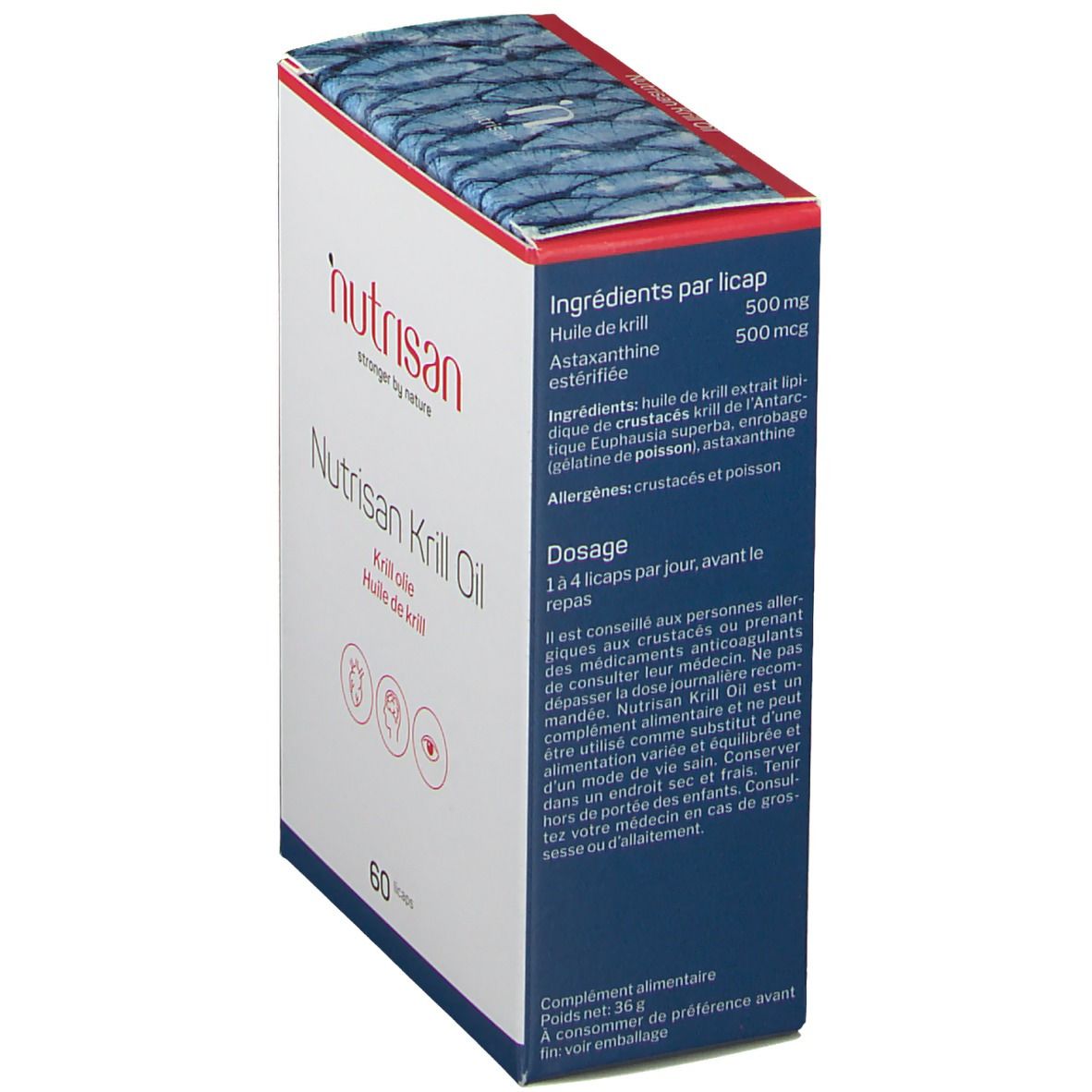 Boîte de Nutrisan Krill Oil. Contient des informations sur les ingrédients et le dosage. Logo et pictogrammes.