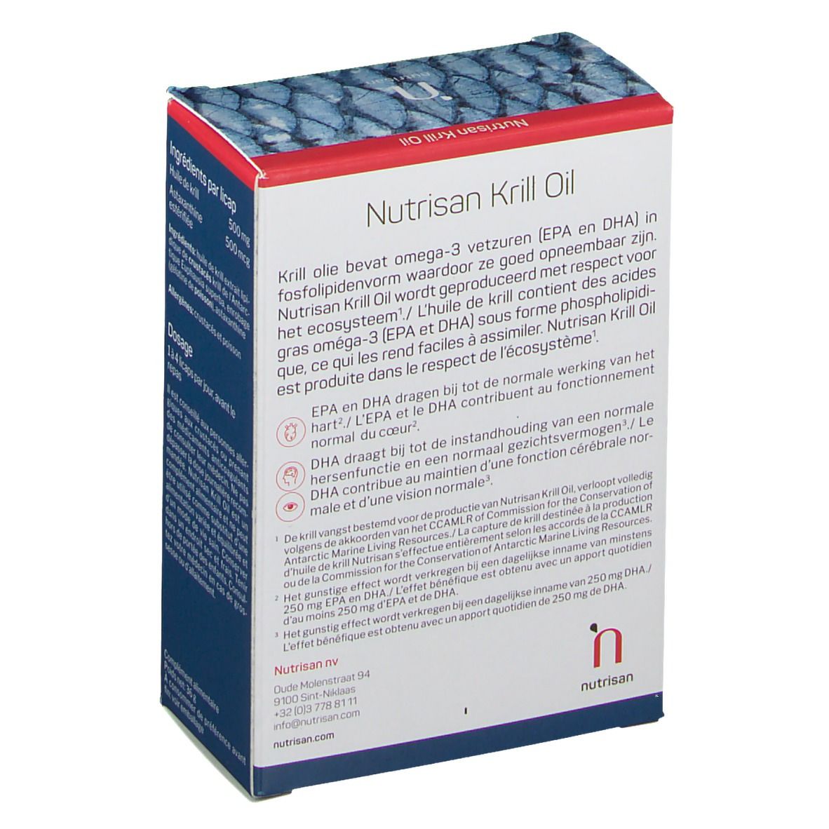 Dos de la boîte Nutrisan Krill Oil. Contient des informations sur les ingrédients et les effets. Logo.