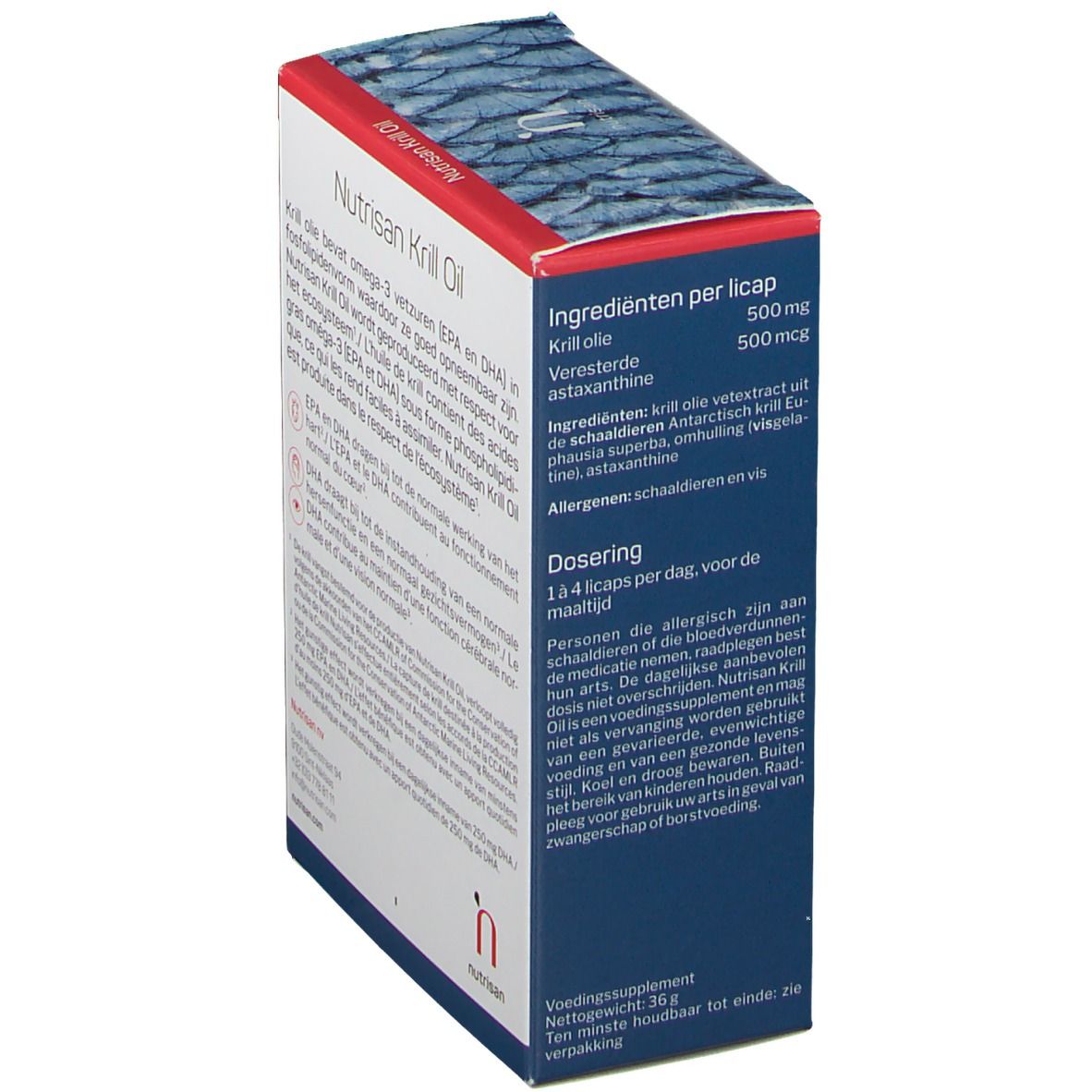 Boîte de Nutrisan Krill Oil. Contient des informations sur les ingrédients et le dosage. Logo et pictogrammes.