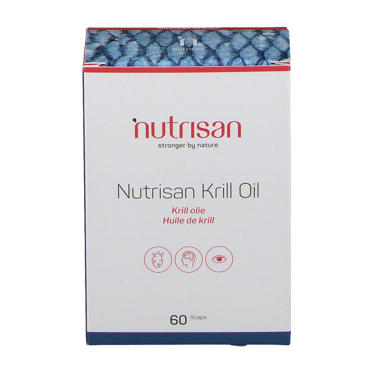 Boîte de Nutrisan Krill Oil. Contient 60 gélules. Inscription : Krill olie, Huile de krill. Logo et pictogrammes.