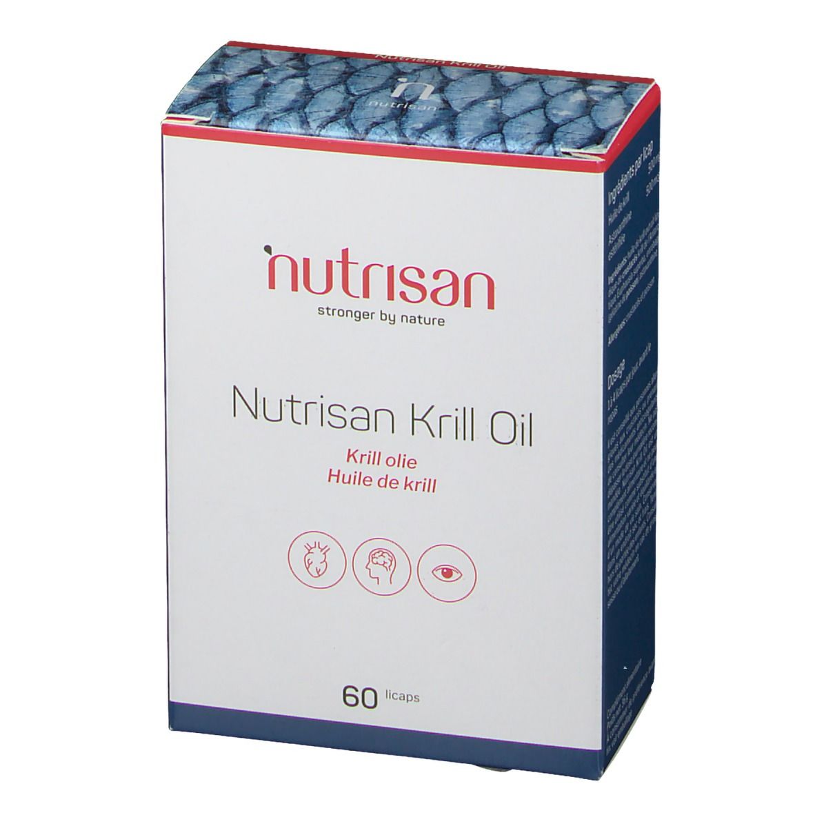 Boîte de Nutrisan Krill Oil. Contient 60 gélules. Inscription : Krill olie, Huile de krill. Logo et pictogrammes.