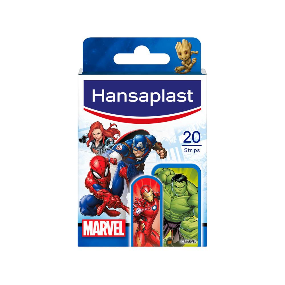 Kind met Hansaplast Marvel pleister. Tekst: « Tout comme mon fils, j'adore les motifs... »