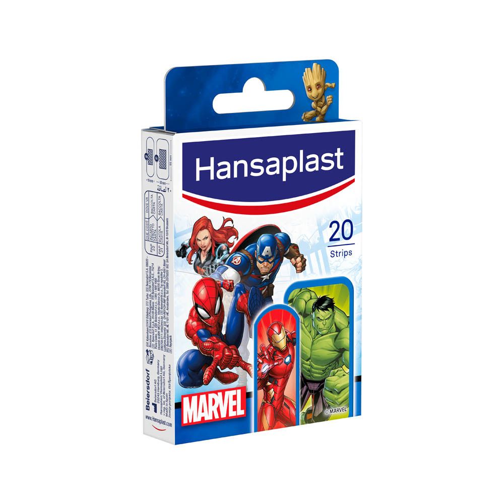 Kind met Hansaplast Marvel pleister. Tekst: « Pansements pour enfants Avengers ».