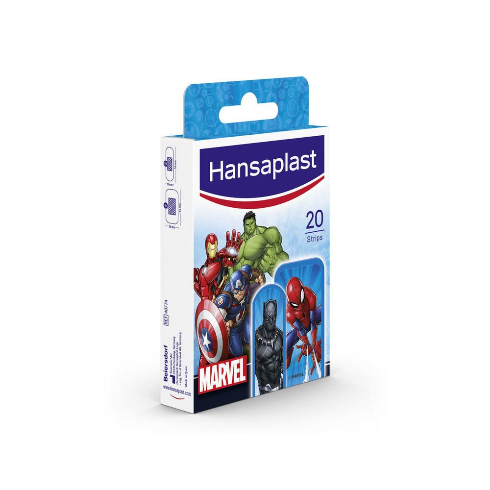 Zijaanzicht verpakking Hansaplast Marvel pleisters. Bevat 20 strips. Marvel-figuren.