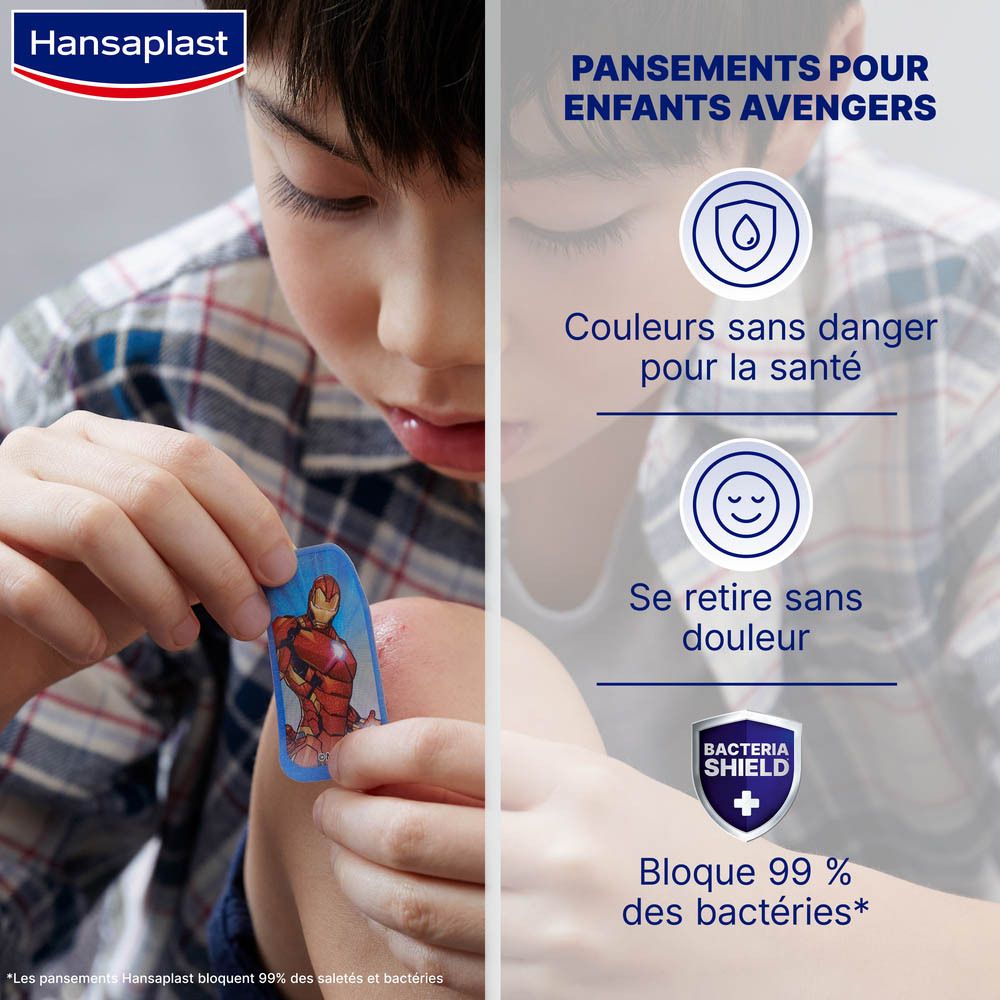 Boîte de pansements Hansaplast Marvel. Contient 20 strips. Personnages Marvel sur le devant.