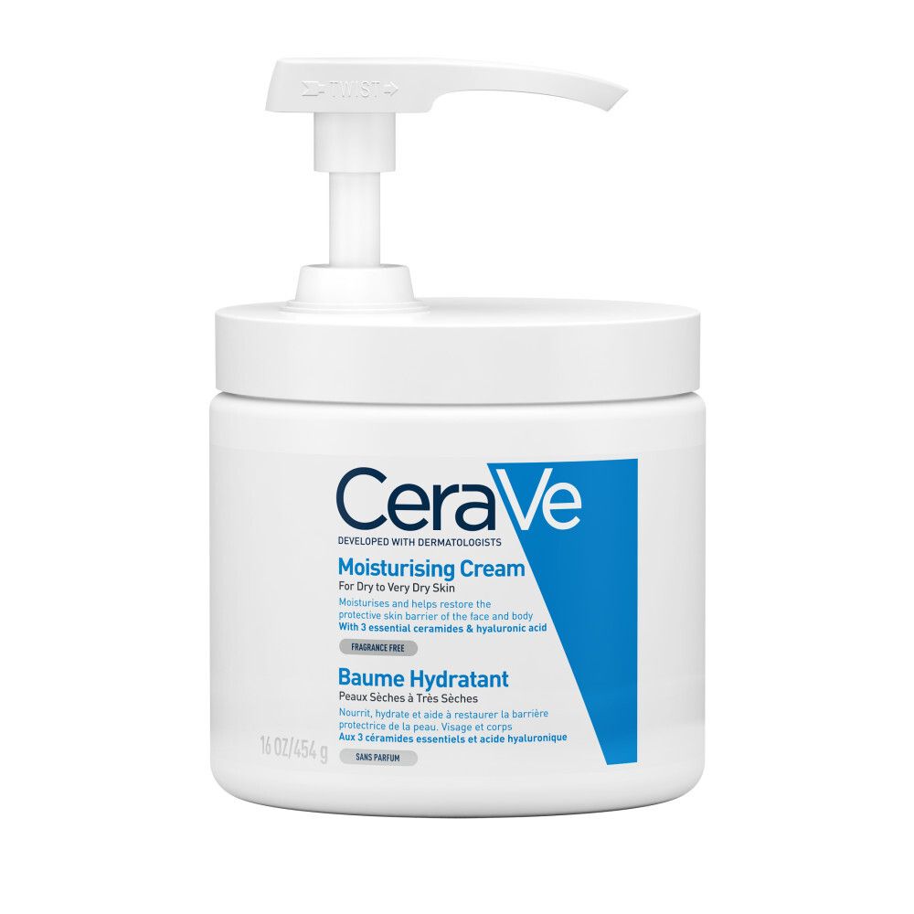 Witte pot CeraVe Moisturising Cream met pomp. Blauwe accenten. Baume hydratant voor de droge huid.