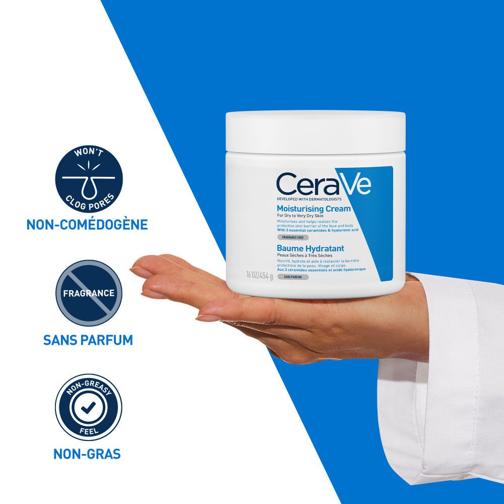 CeraVe Moisturising Cream dans la main. Texte: Non comédogène, sans parfum, non gras.