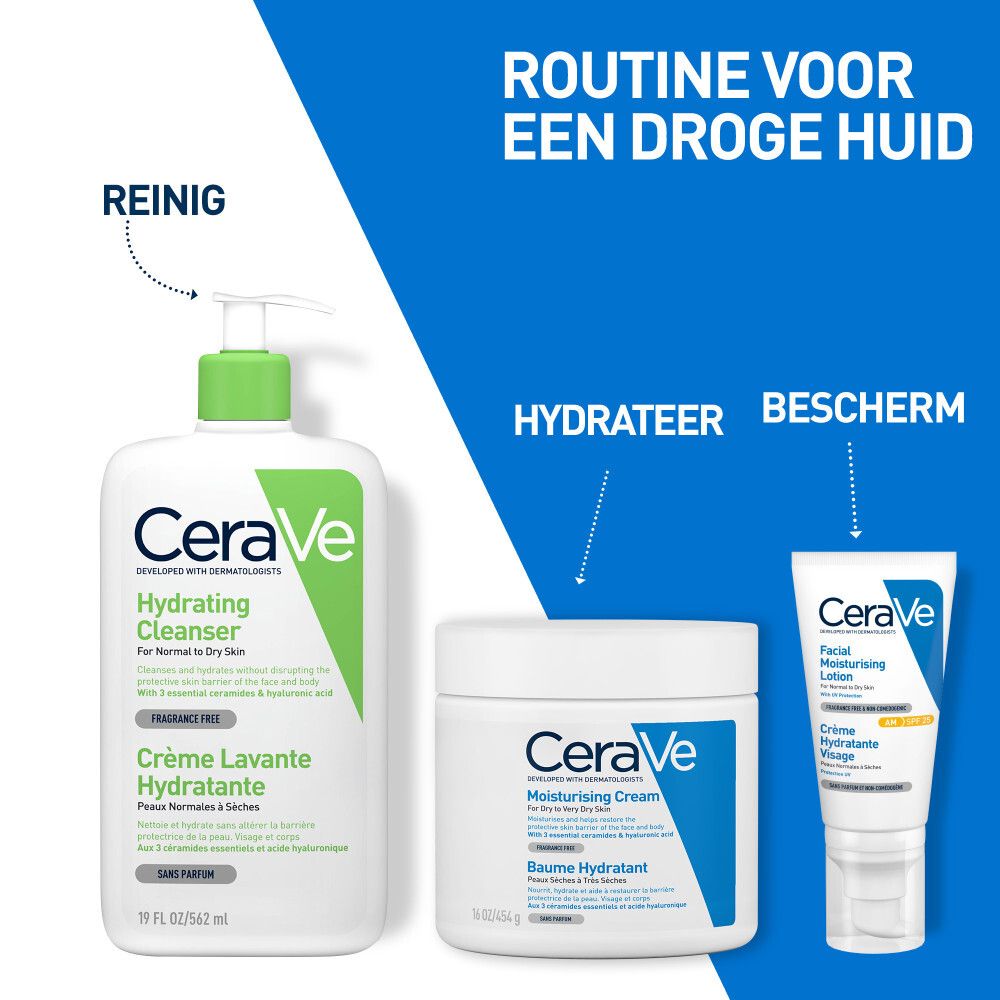 CeraVe productset: Reinigen, hydrateren, beschermen. Tekst: Voor de droge huid.
